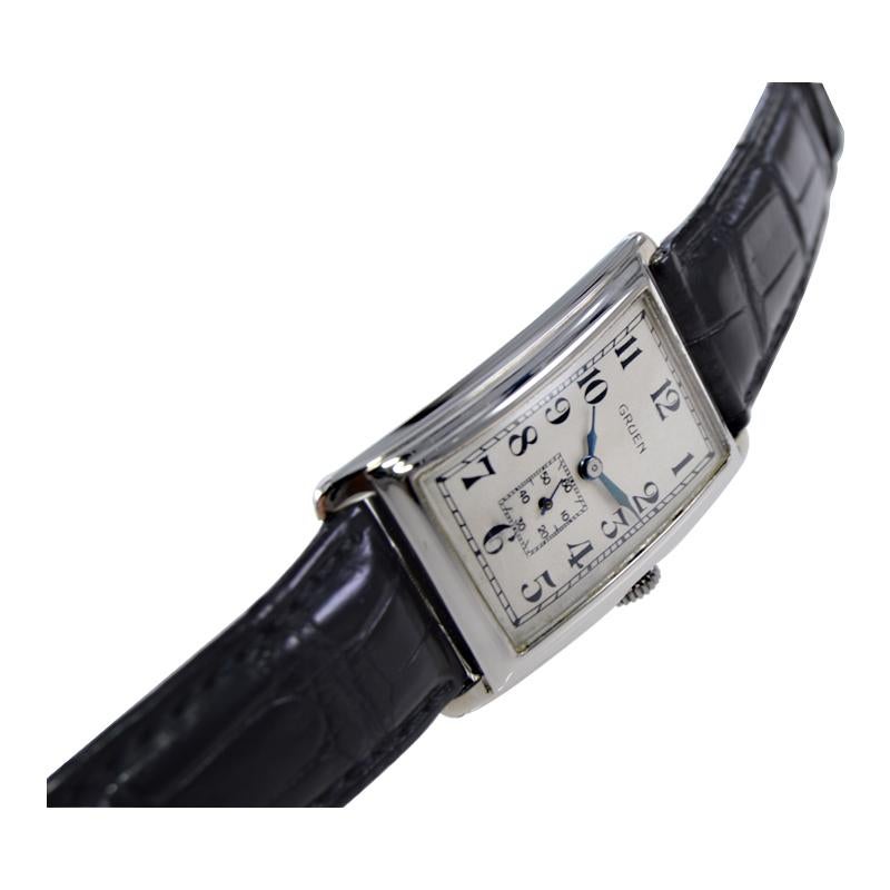 Women's or Men's Gruen White Gold Art Deco Curvex Watch from the 1930's with Kiln Fired Print