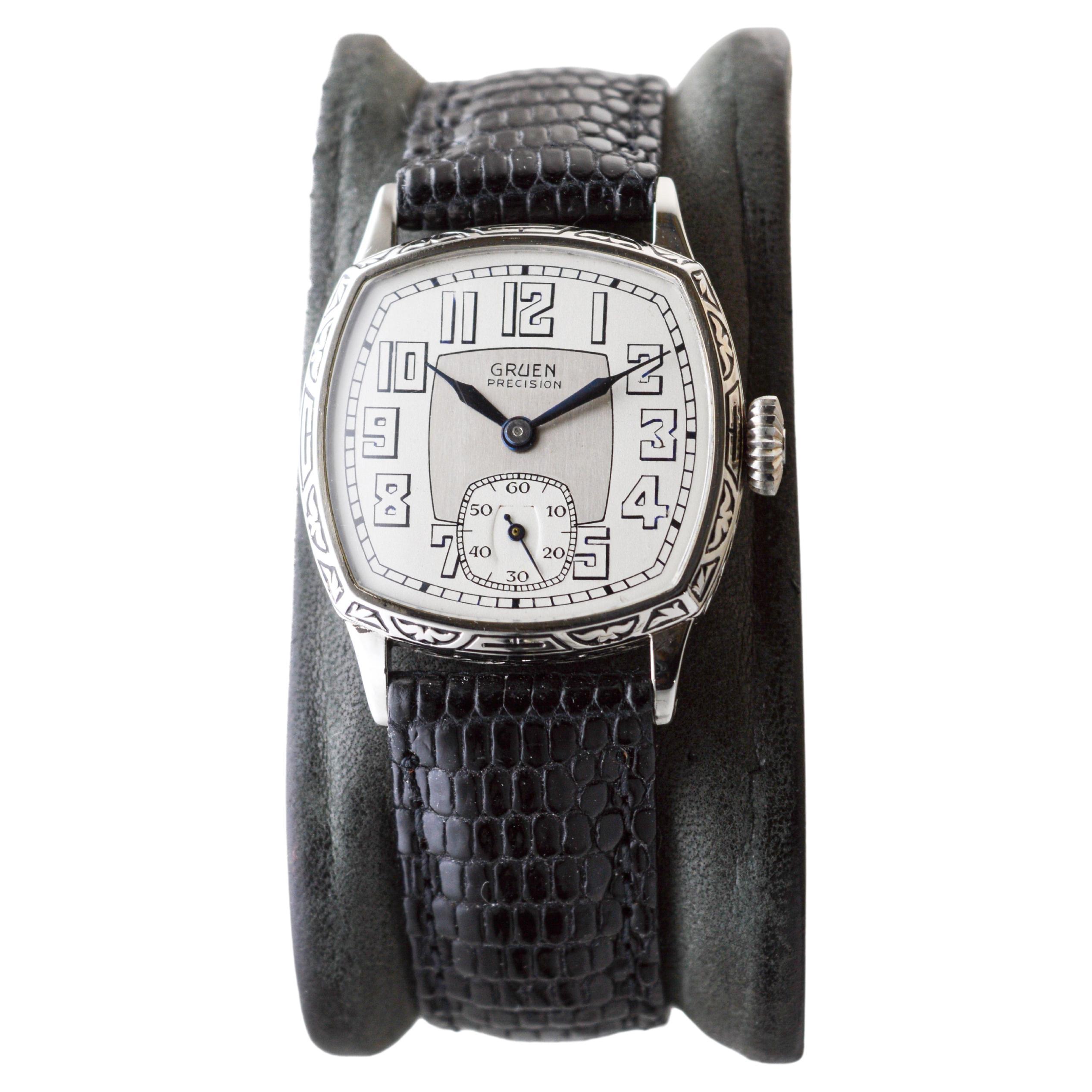 Gruen White Gold-Filled Art Deco Cushion Shaped Watch from 1931 For Sale 2