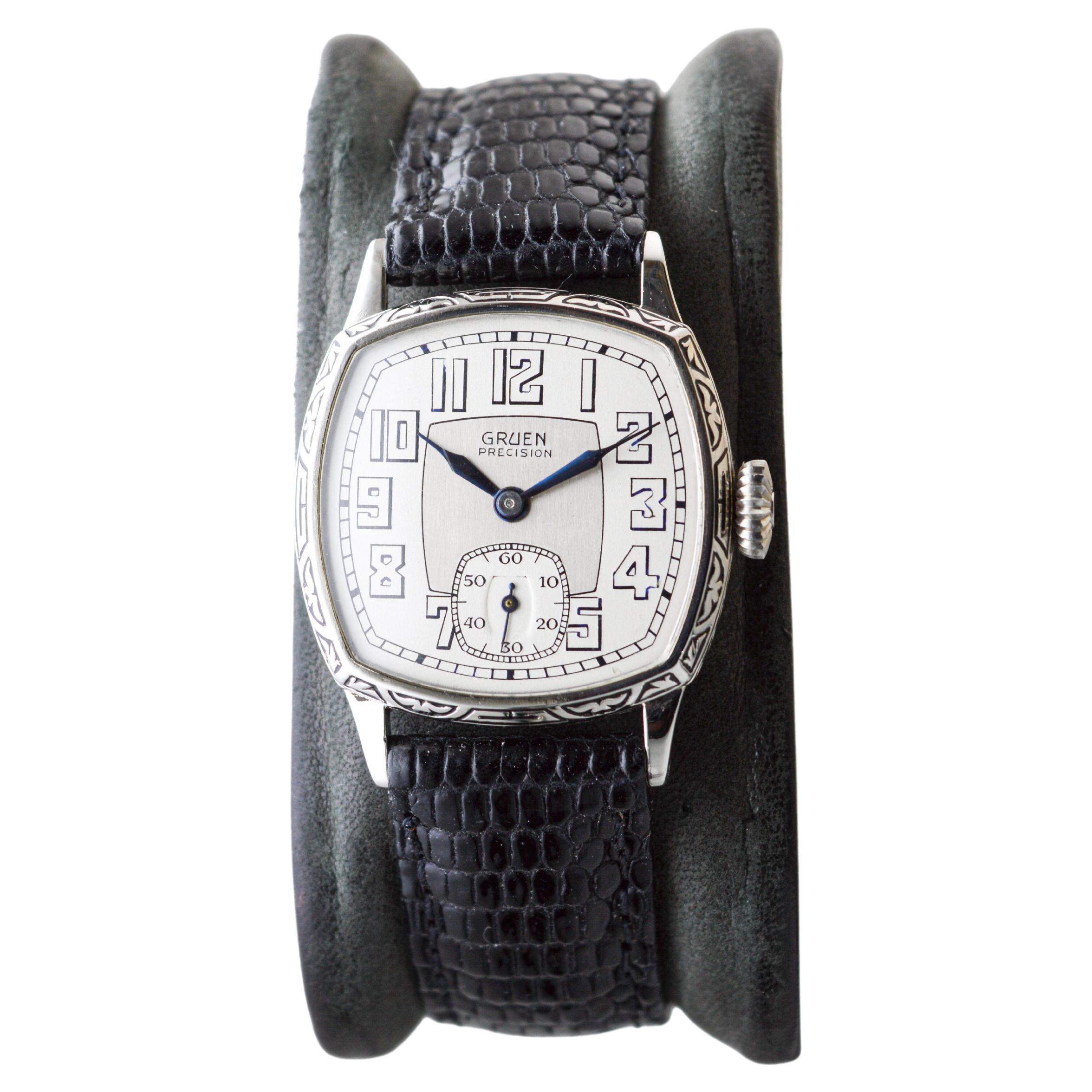 Gruen White Gold-Filled Art Deco Cushion Shaped Watch from 1931 For Sale