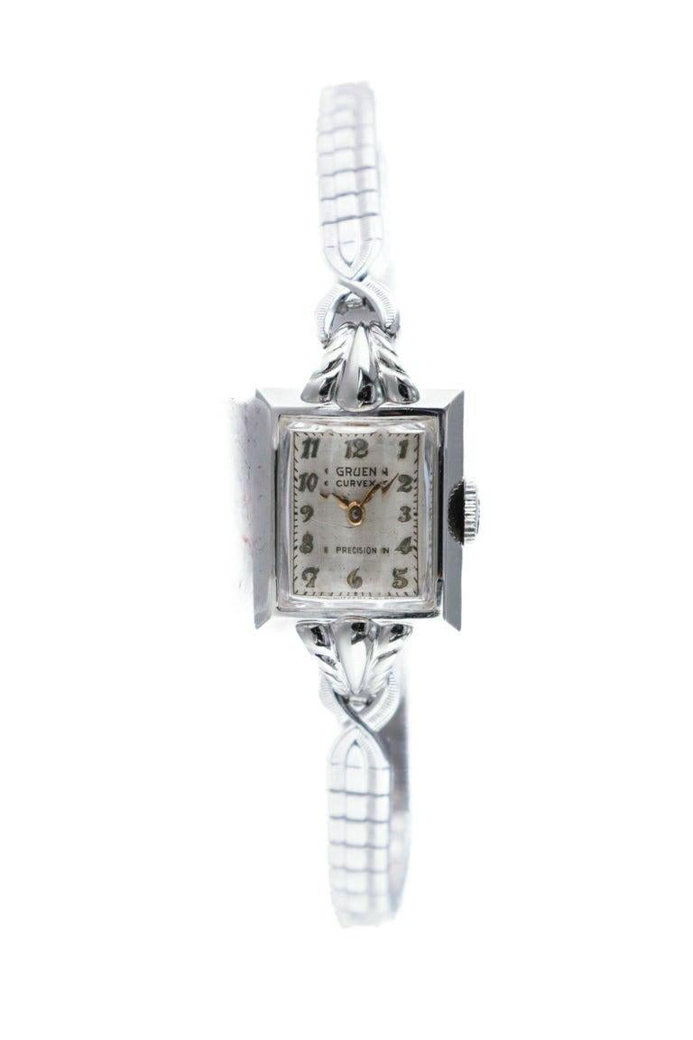 Gruen White Gold Filled Art Deco Ladies Watch with Original Bracelet 1940s 9