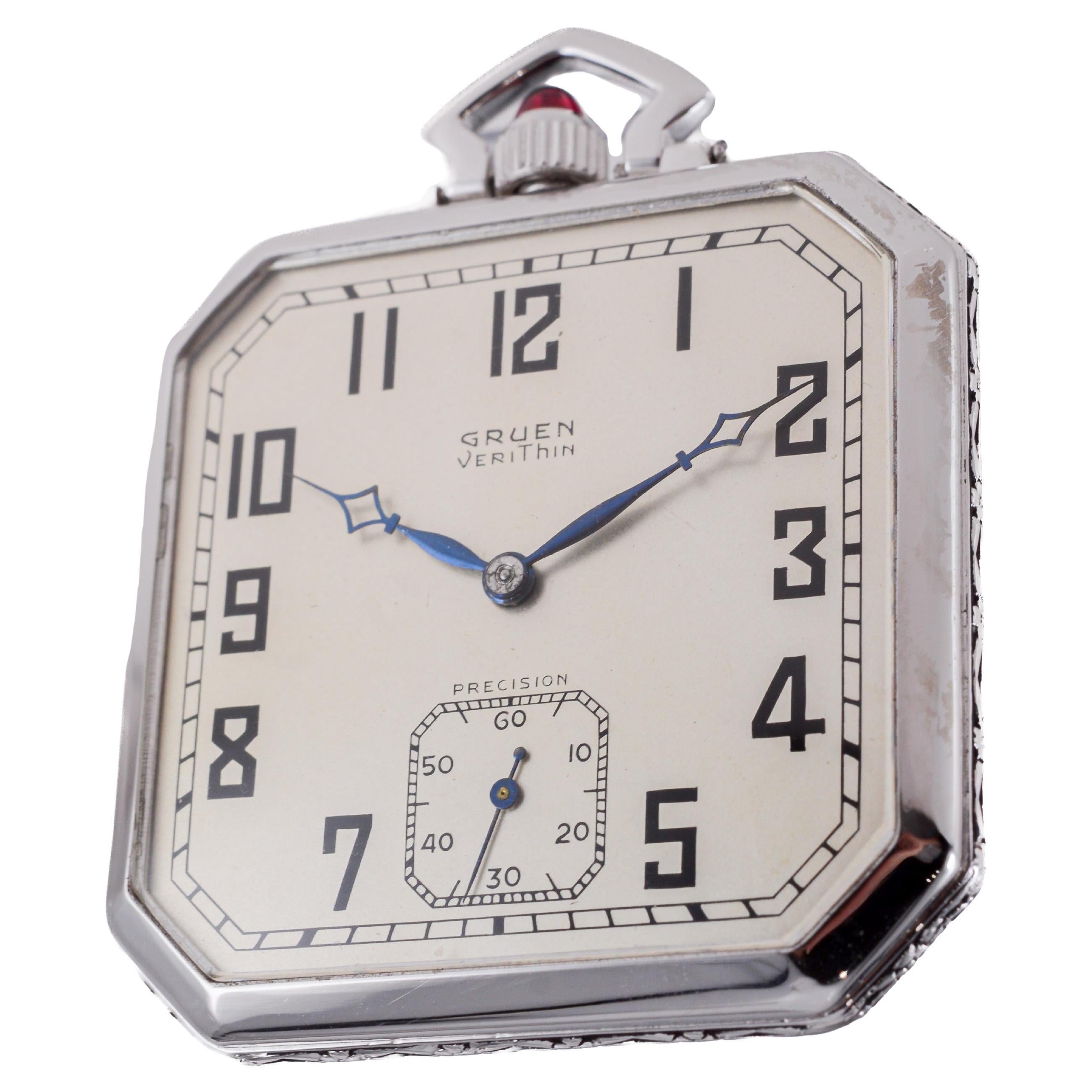 Gruen Weißgold gefüllt Art Deco Taschenuhr circa 1920er Jahre im Angebot 5