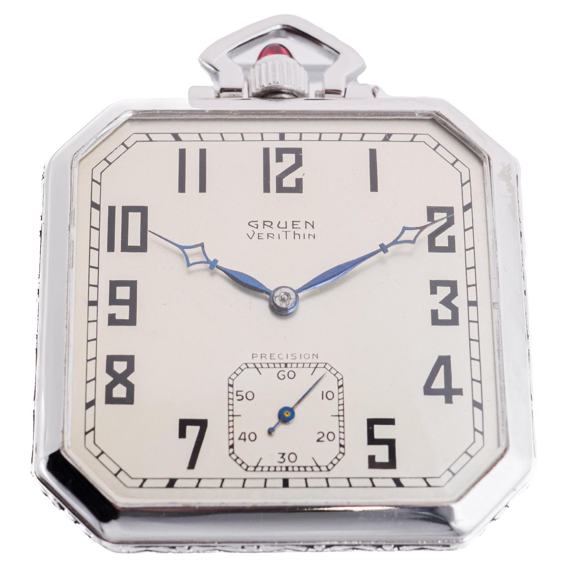 Gruen Weißgold gefüllt Art Deco Taschenuhr circa 1920er Jahre im Angebot 2