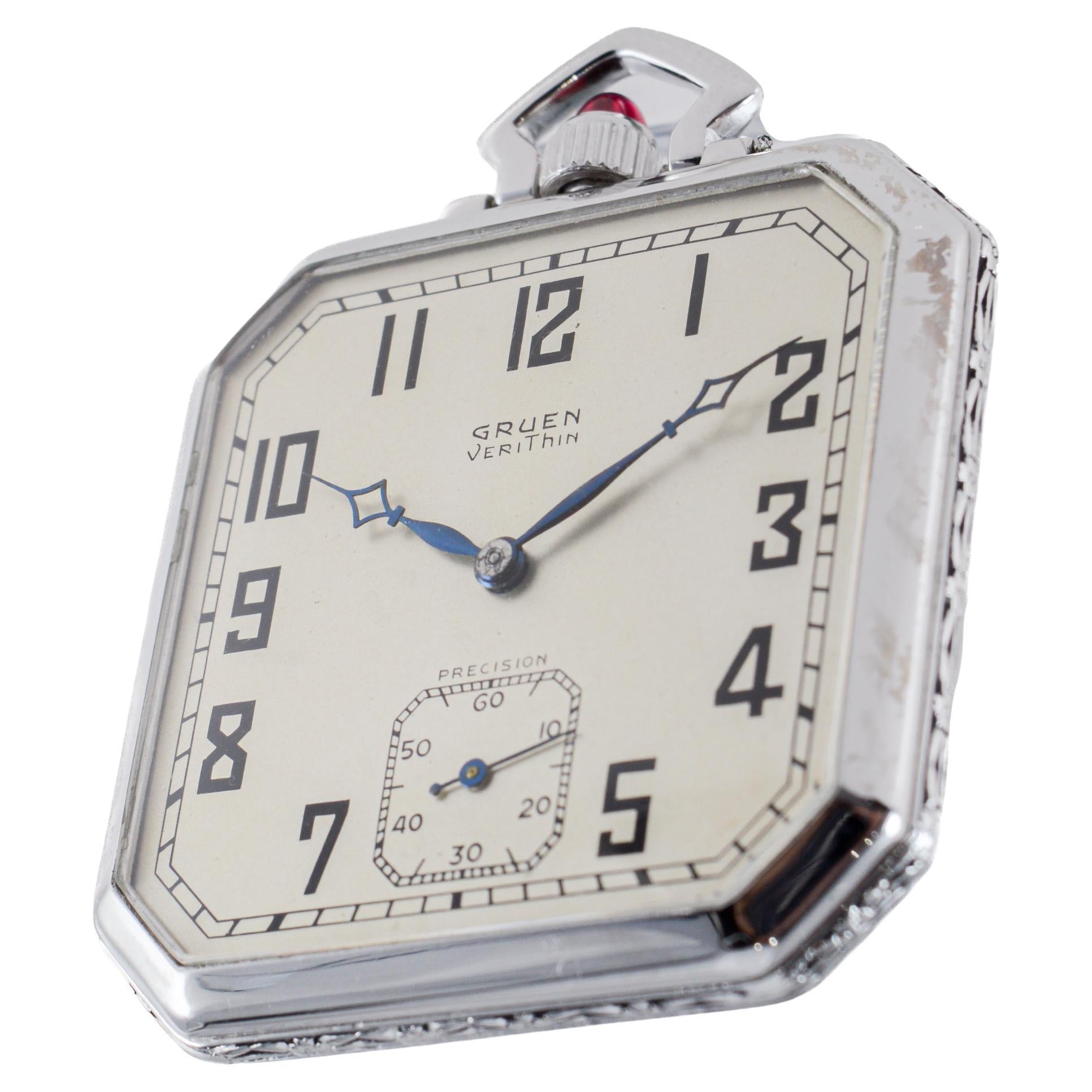 Gruen Weißgold gefüllt Art Deco Taschenuhr circa 1920er Jahre im Angebot 4