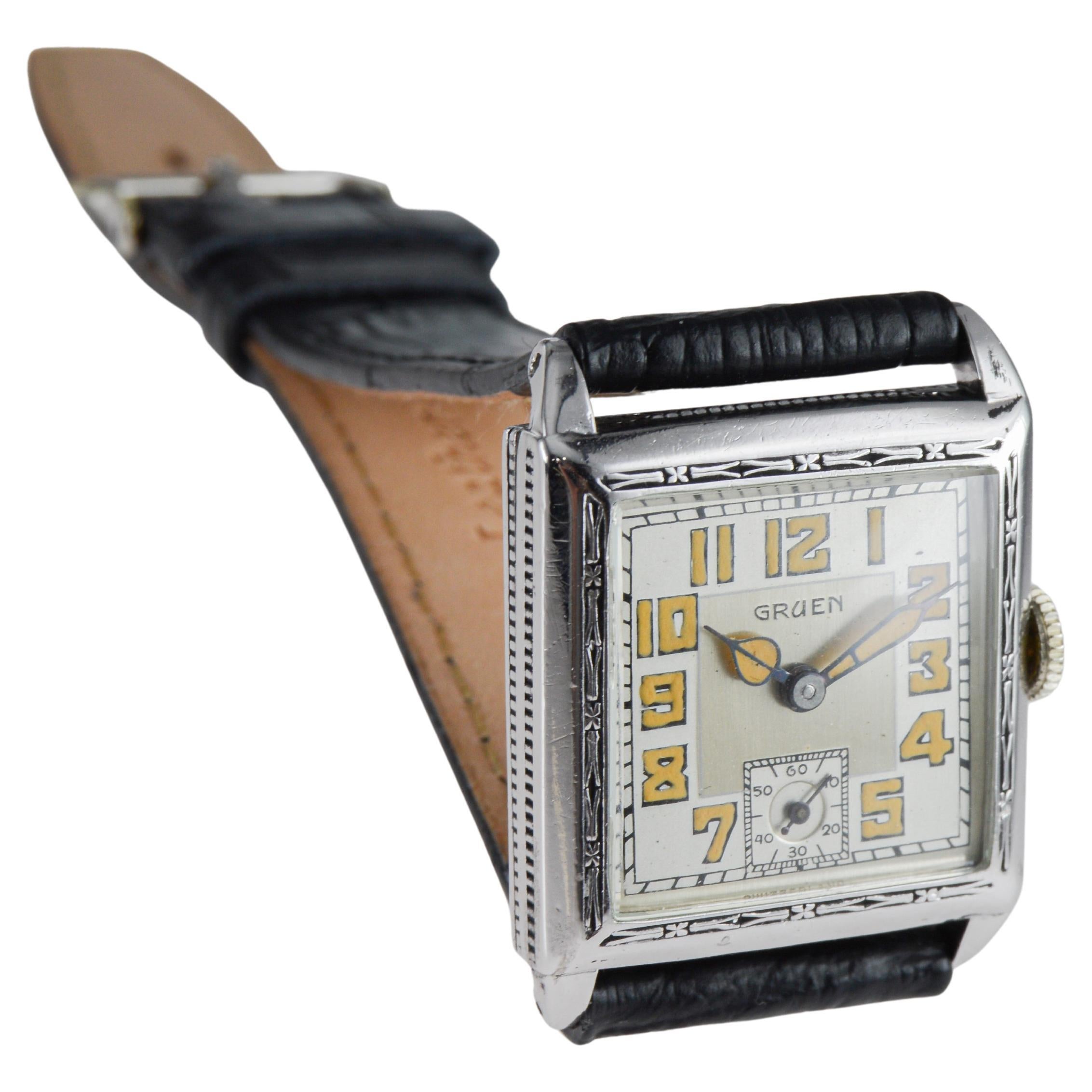 Orologio da serbatoio Art Deco in oro bianco di Gruen del 1925 circa con quadrante in argento 925 in vendita 6