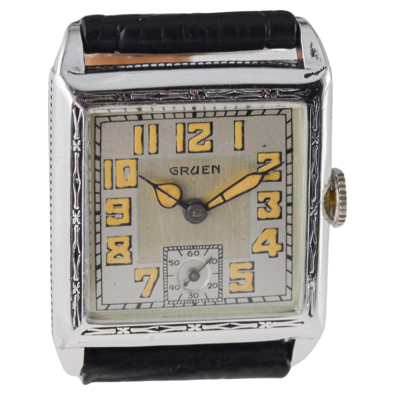 Orologio da serbatoio Art Deco in oro bianco di Gruen del 1925 circa con quadrante in argento 925 in vendita 7