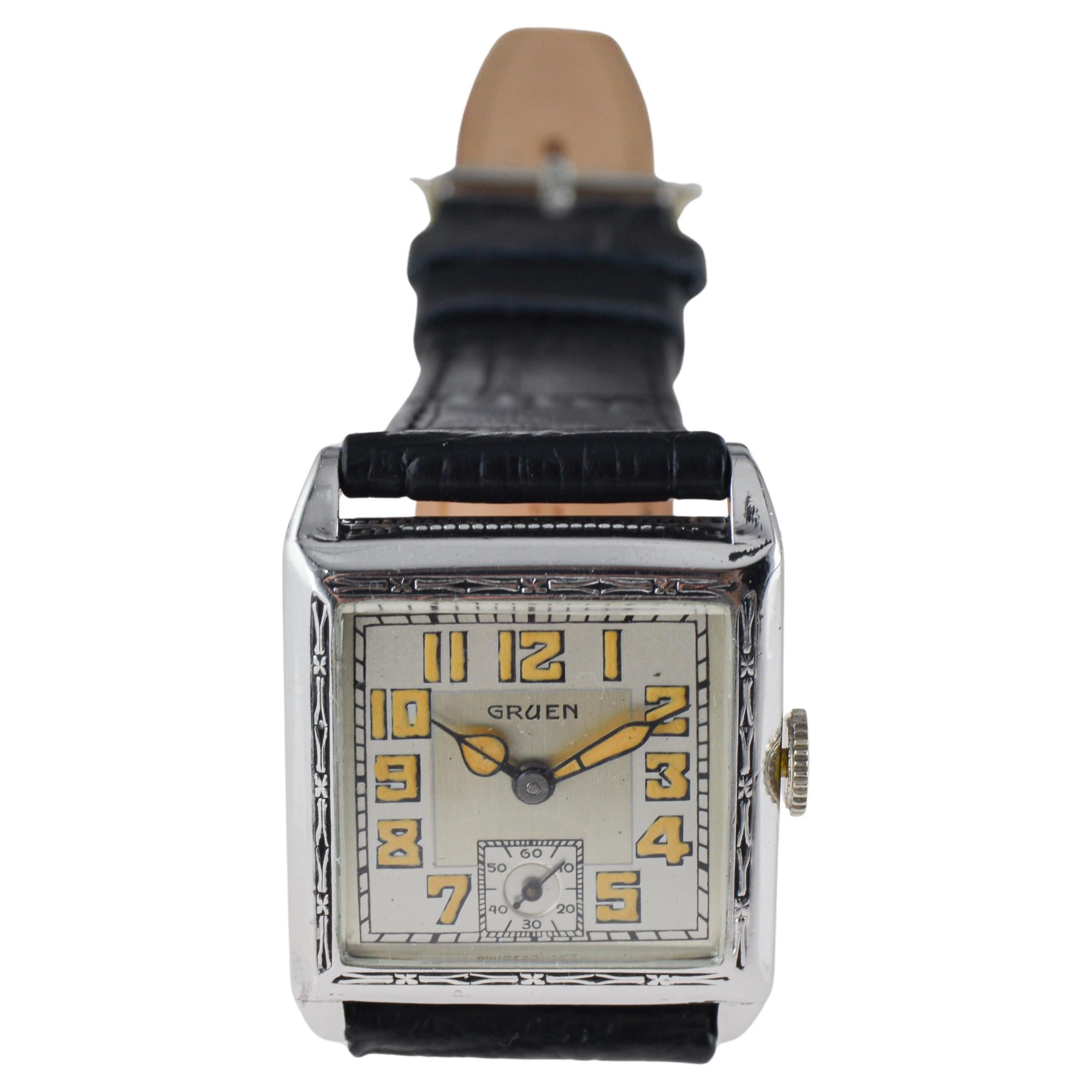 Orologio da serbatoio Art Deco in oro bianco di Gruen del 1925 circa con quadrante in argento 925 in vendita 8