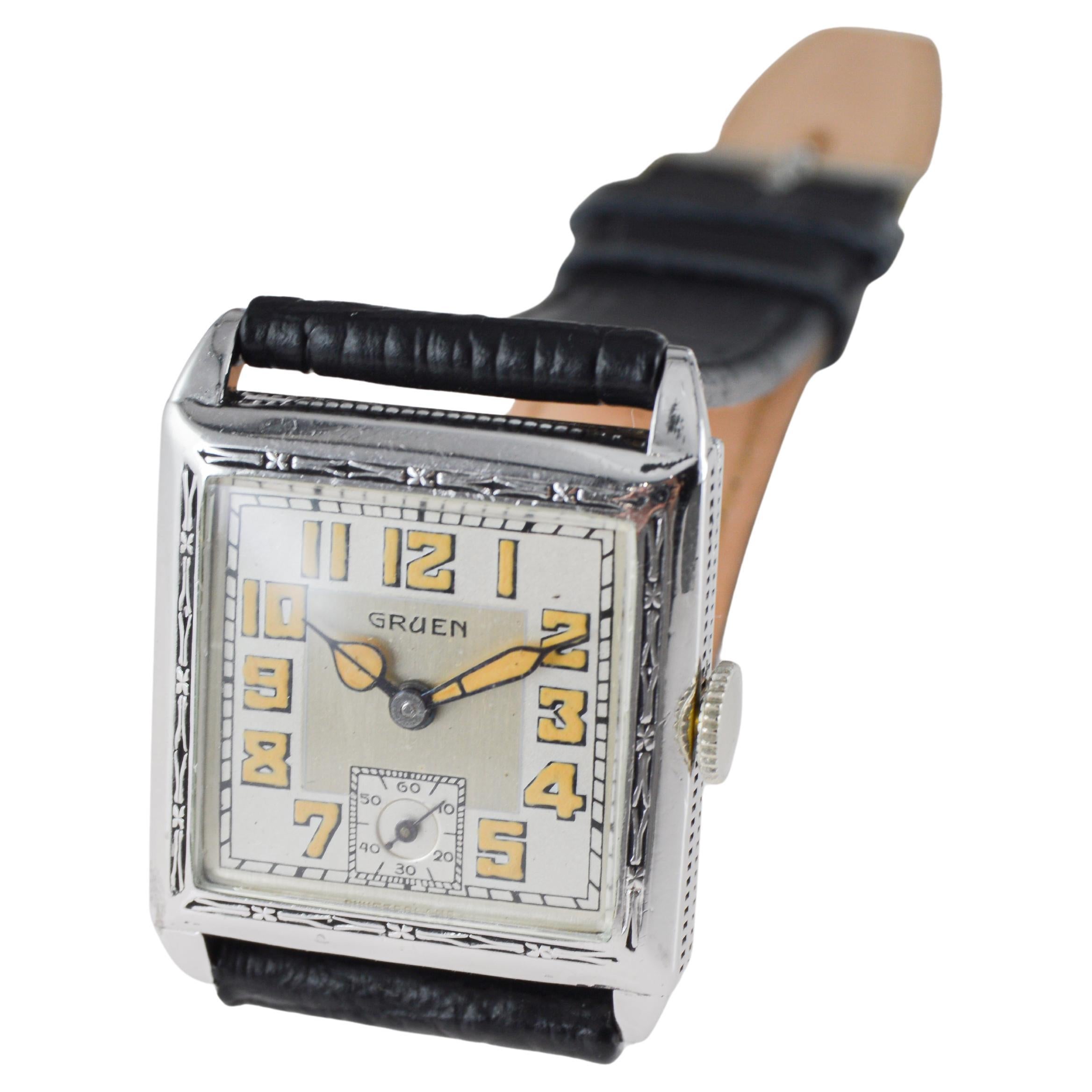 Orologio da serbatoio Art Deco in oro bianco di Gruen del 1925 circa con quadrante in argento 925 in vendita 9