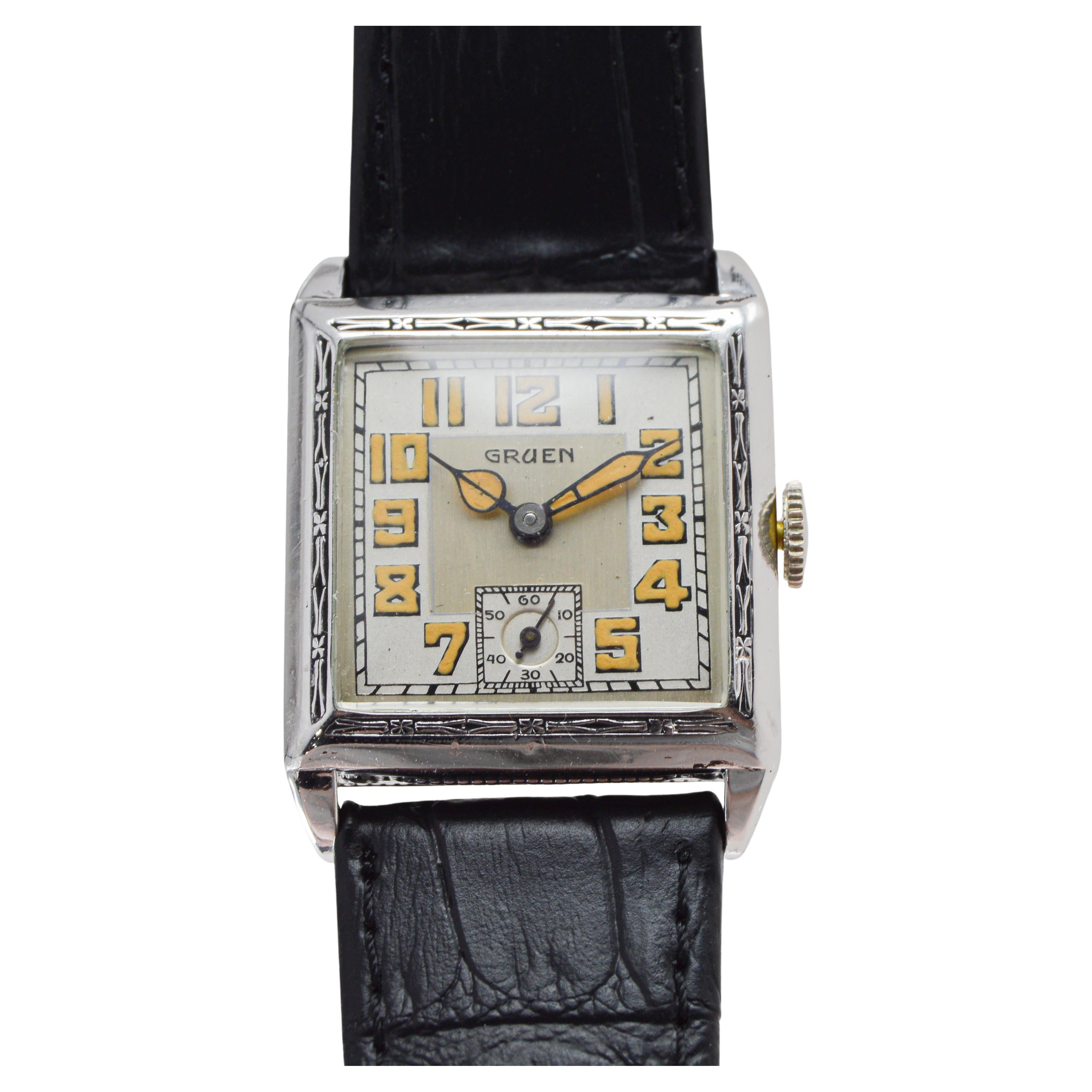 Orologio da serbatoio Art Deco in oro bianco di Gruen del 1925 circa con quadrante in argento 925 in vendita 4