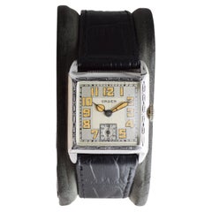 Gruen White Gold Filled Art Deco Tank Watch circa 1925 with Sterling Silver Dial