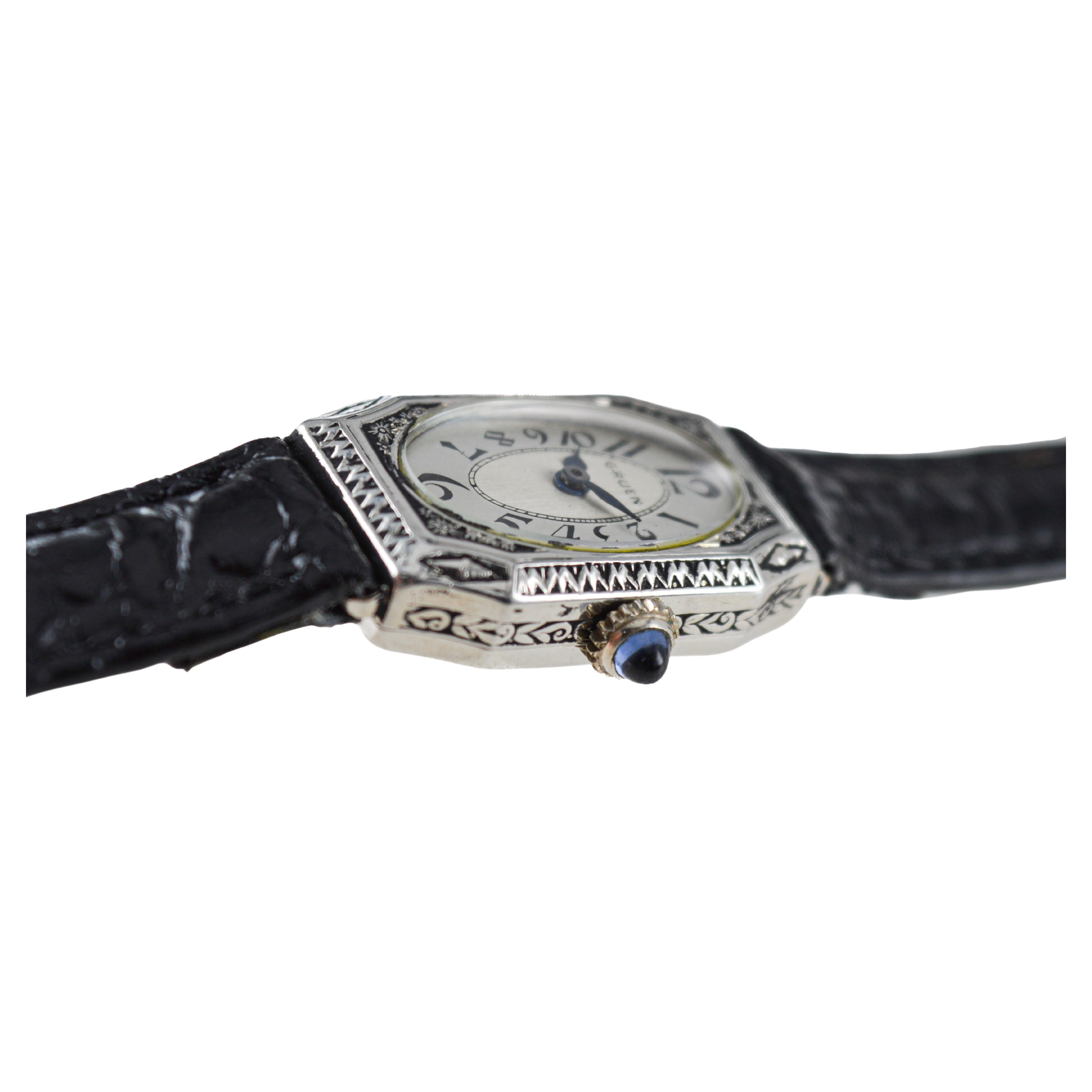 Gruen White Gold filled Ladies Art Deco Watch 1920's with Sterling Silver Dial 7