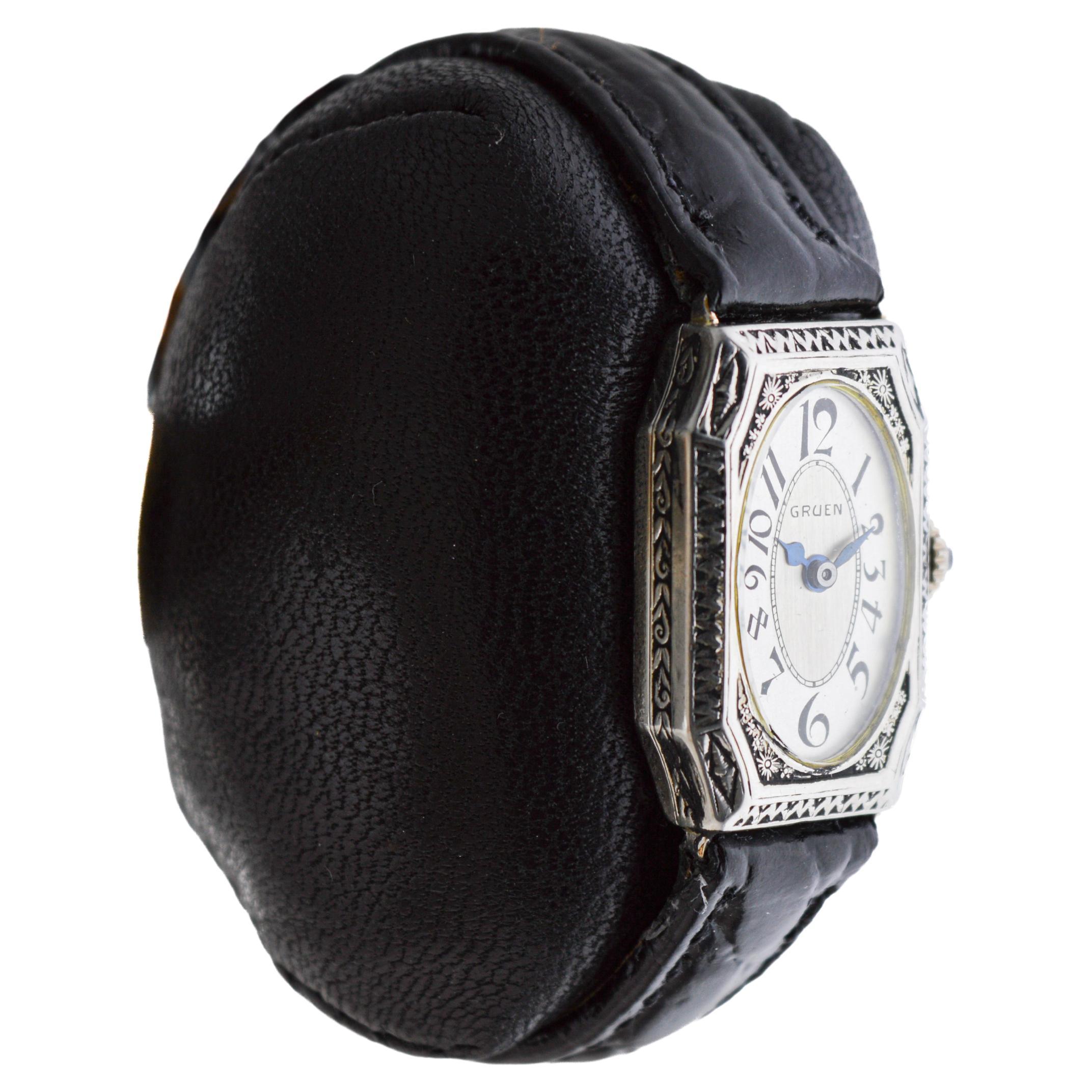 FACTORY / HOUSE: Gruen Watch Company
STYLE / REFERENCE: Art Deco
METAL / MATERIAL: White Gold-Filled
CIRCA / YEAR: 1920's
DIMENSIONS / SIZE: Length 30mm X Width 17mm
MOVEMENT / CALIBER: Manual Winding / 15 Jewels 
DIAL / HANDS: Original Sterling