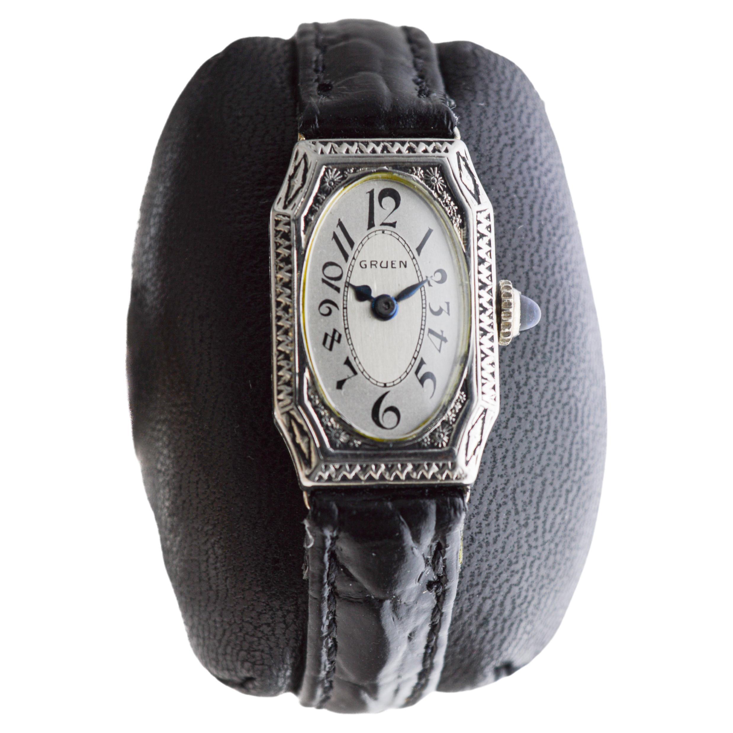 Gruen White Gold filled Ladies Art Deco Watch 1920's with Sterling Silver Dial In Excellent Condition In Long Beach, CA