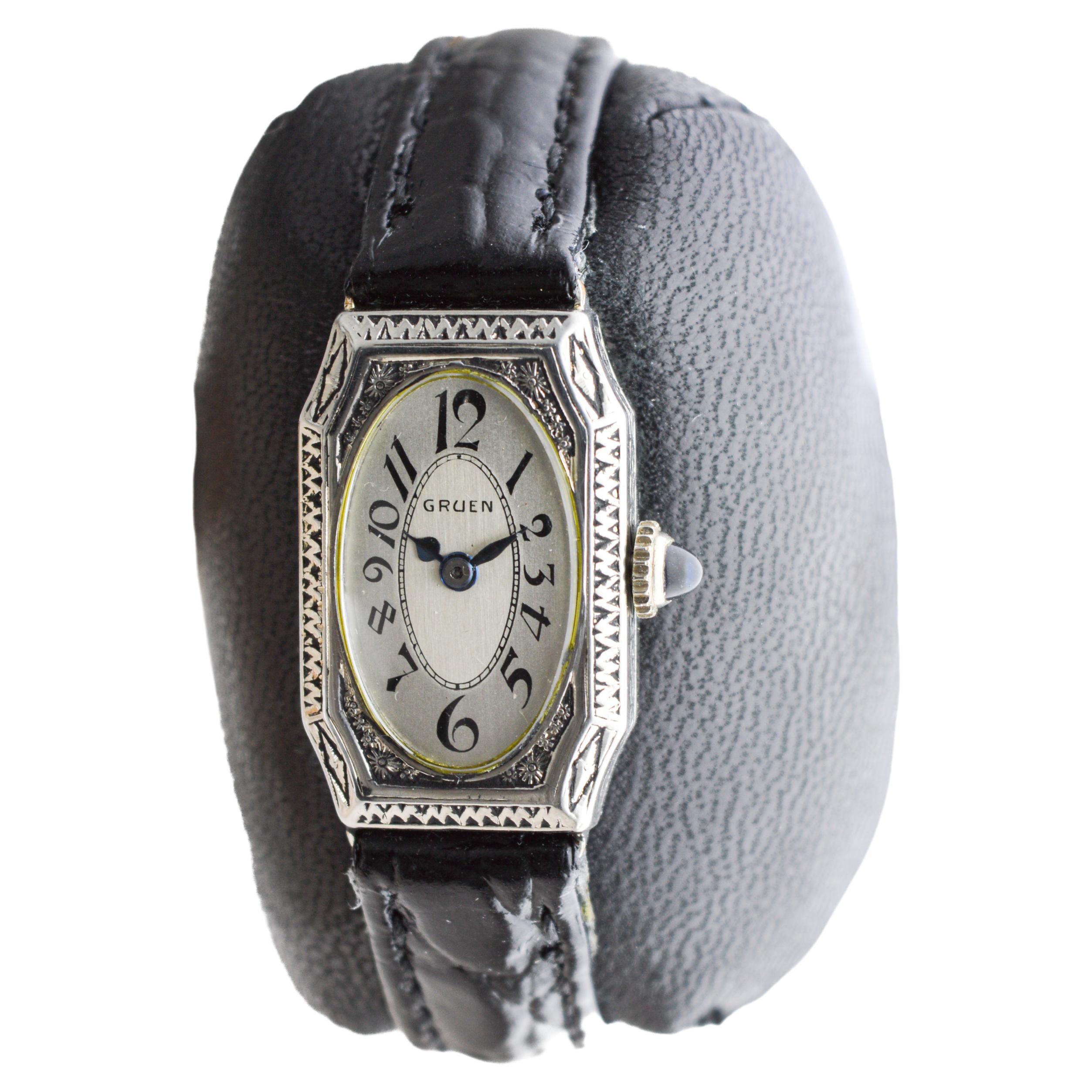 Women's Gruen White Gold filled Ladies Art Deco Watch 1920's with Sterling Silver Dial