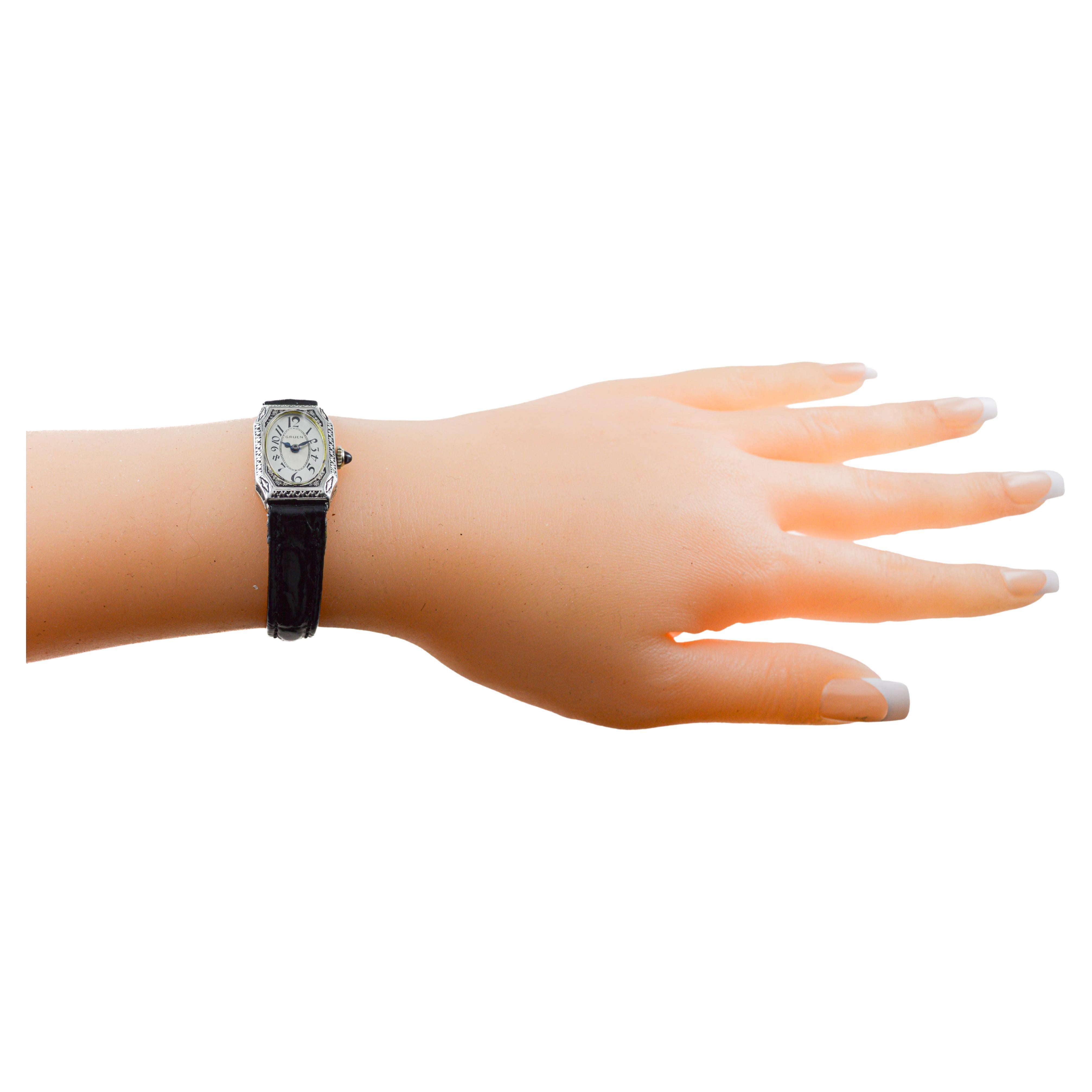 Gruen White Gold filled Ladies Art Deco Watch 1920's with Sterling Silver Dial 2