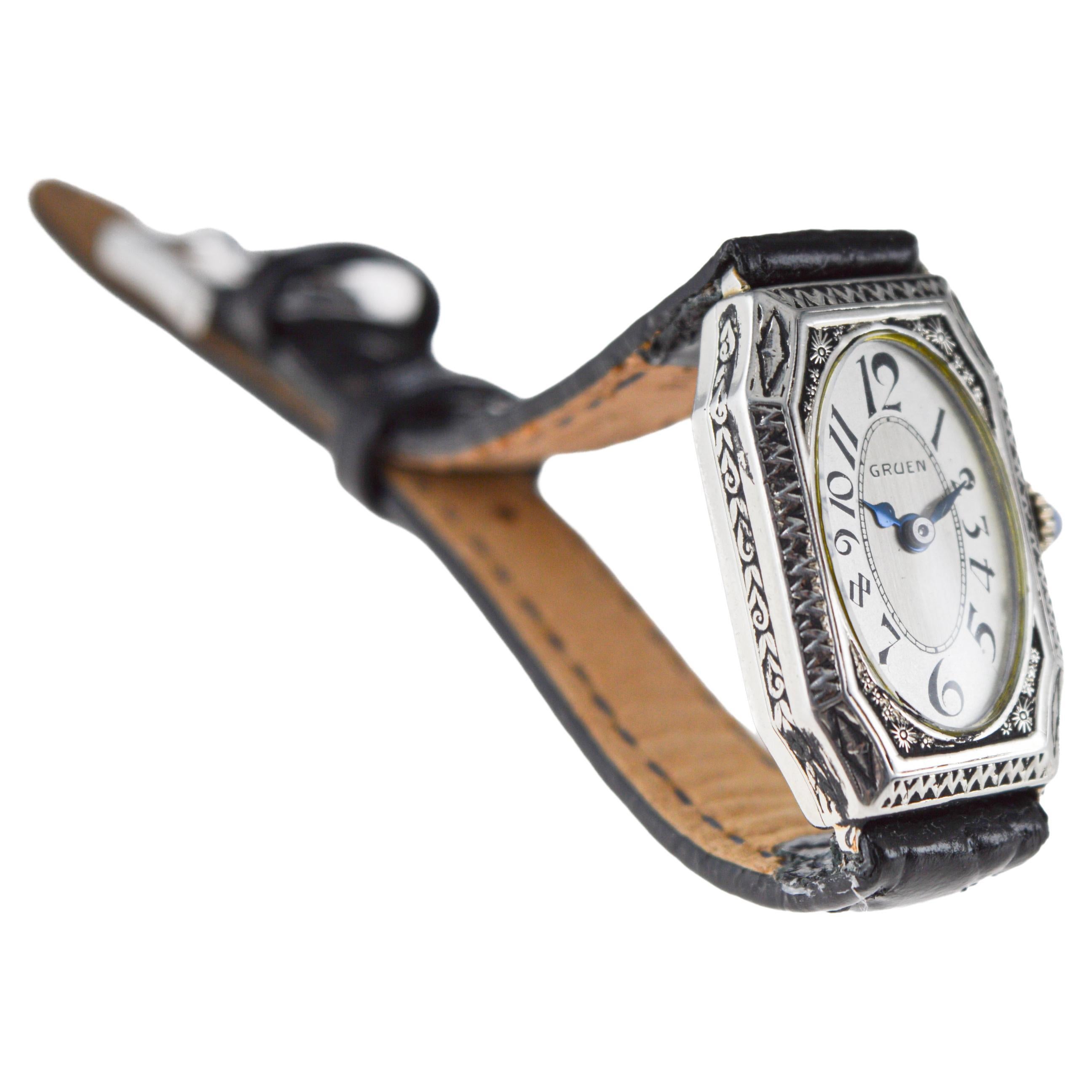 Gruen White Gold filled Ladies Art Deco Watch 1920's with Sterling Silver Dial 3