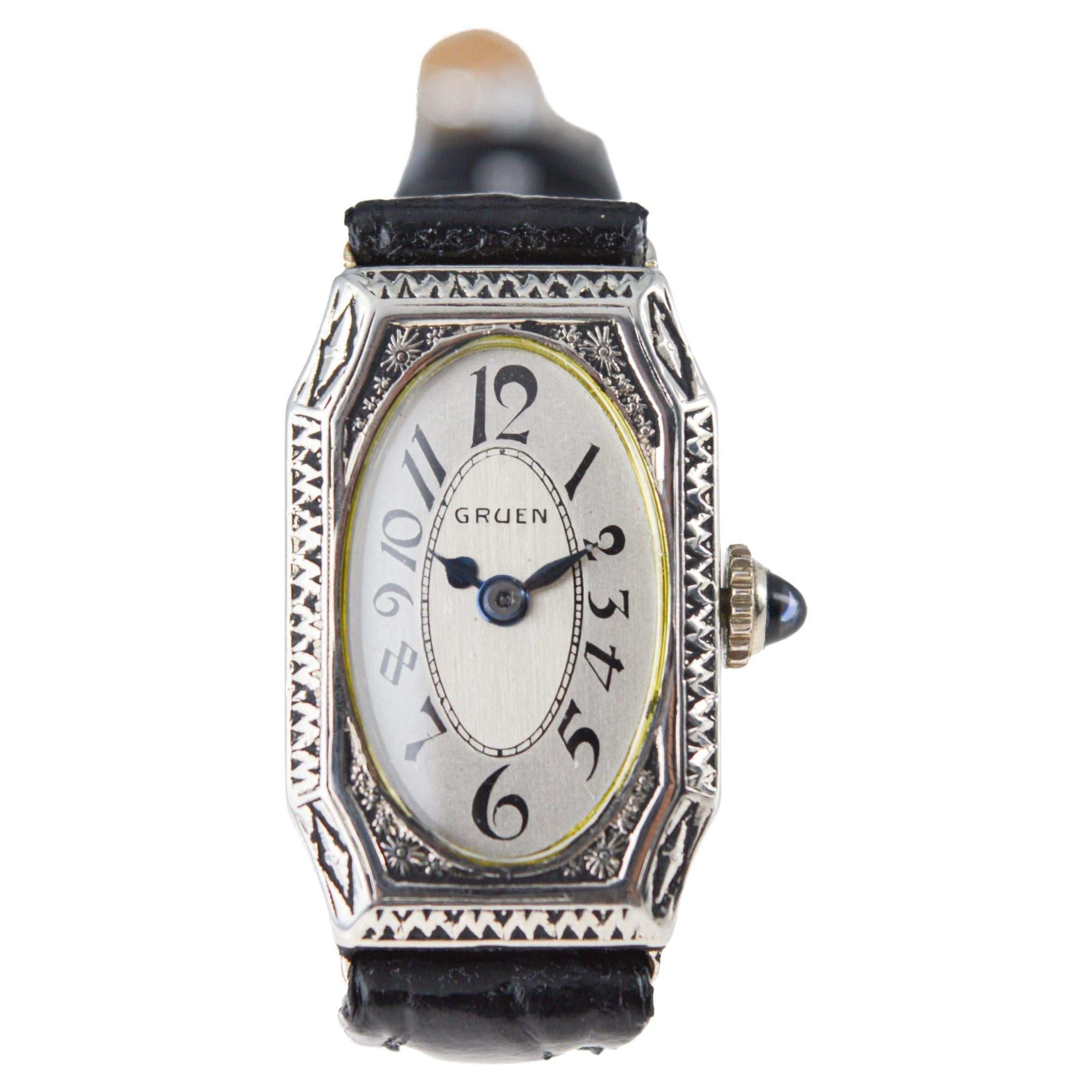 Gruen White Gold filled Ladies Art Deco Watch 1920's with Sterling Silver Dial 4