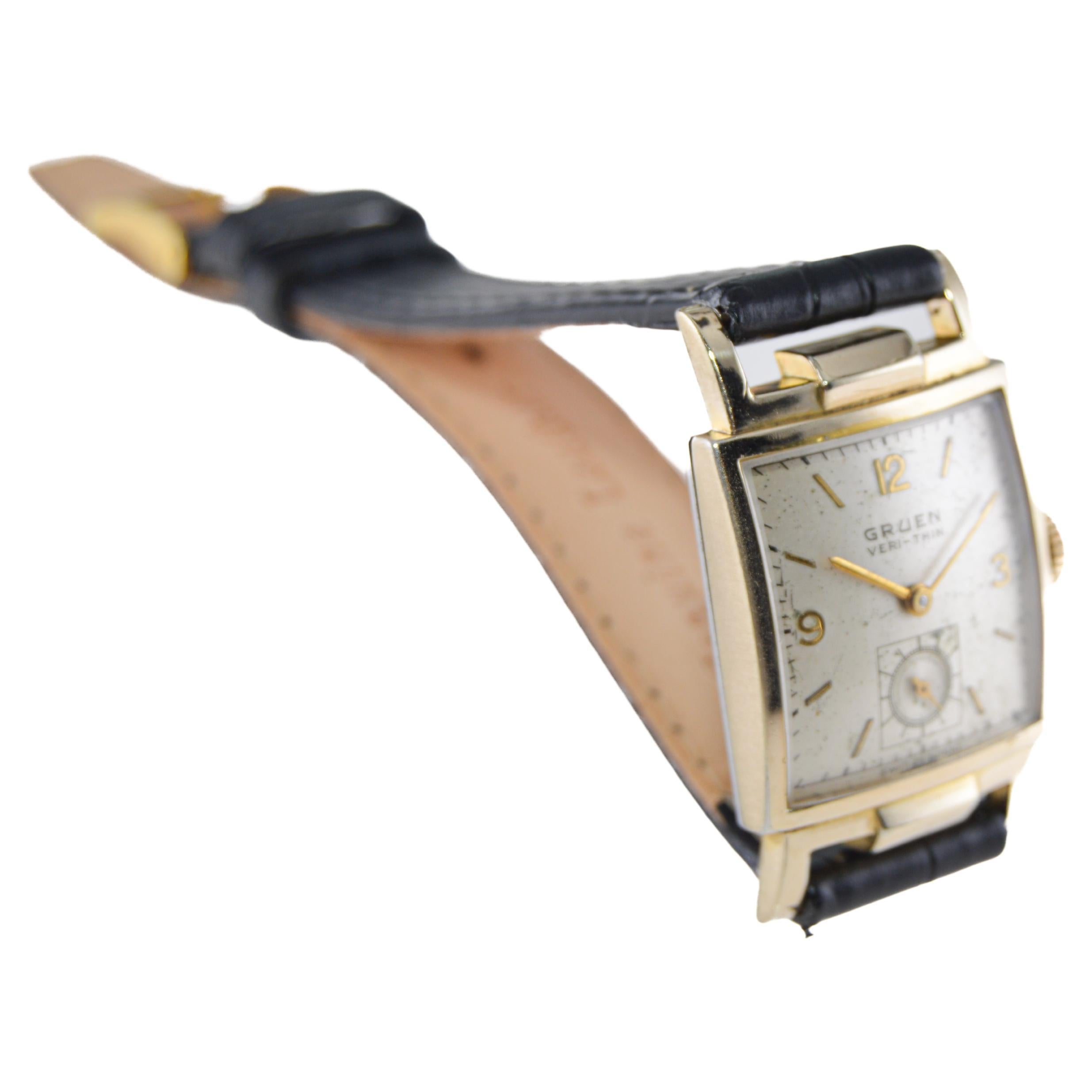 Women's or Men's Gruen Yellow Gold Art Deco Tank Style watch with Original Dial from 1940's For Sale