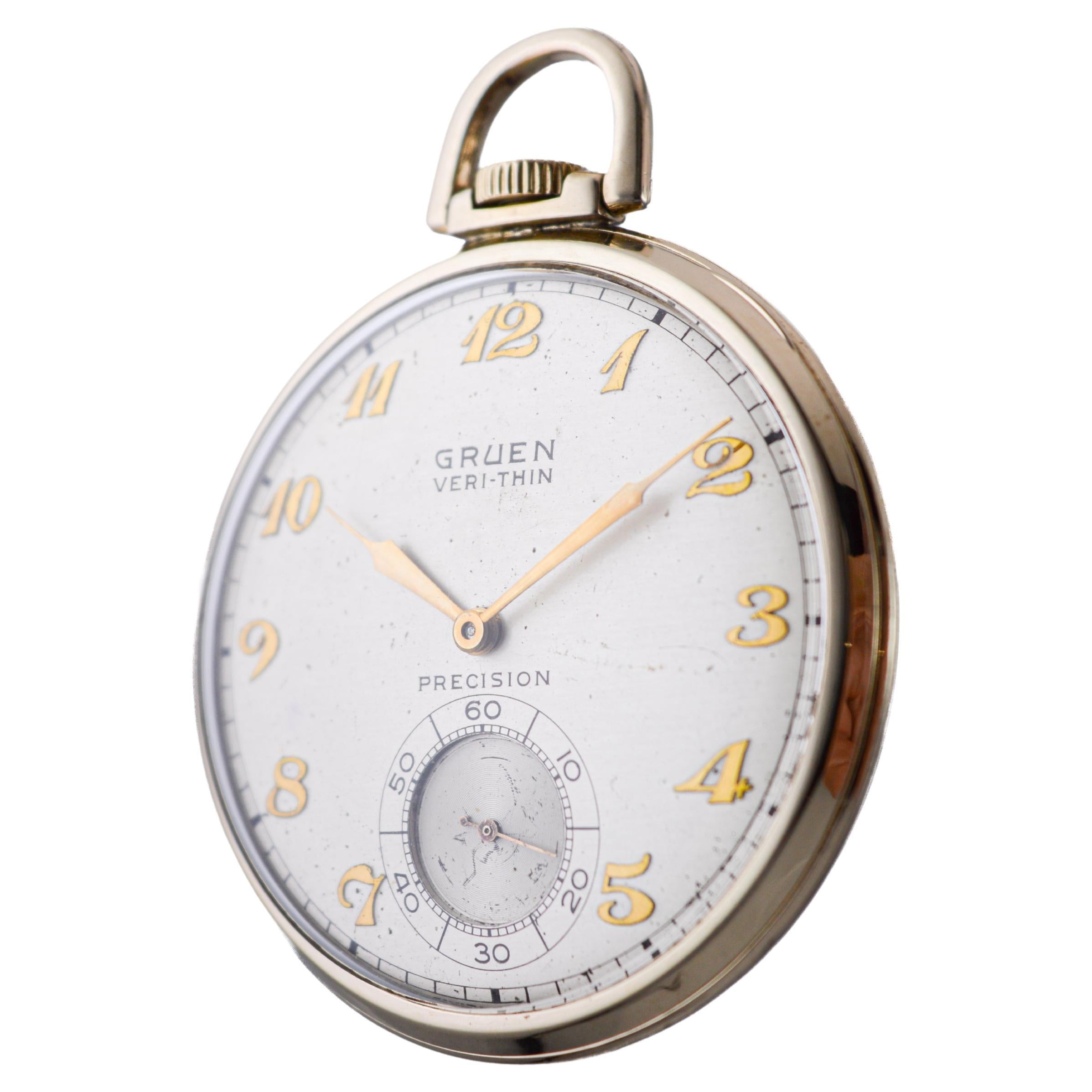 Gruen Yellow Gold Filled Art Deco Pocket Watch with Original Dial 1940's In Excellent Condition For Sale In Long Beach, CA