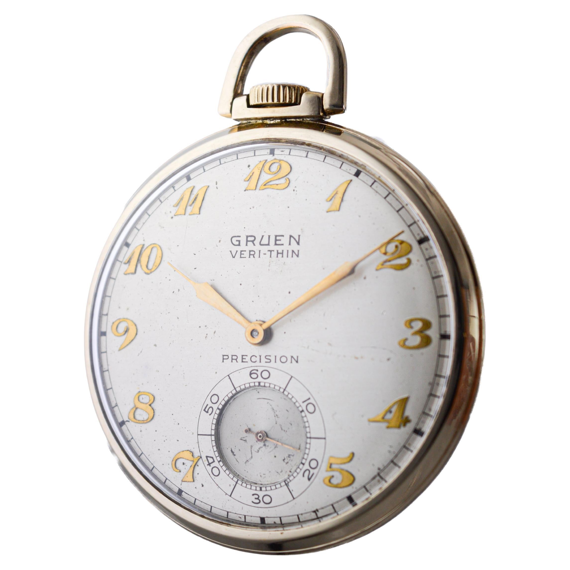 Women's or Men's Gruen Yellow Gold Filled Art Deco Pocket Watch with Original Dial 1940's For Sale