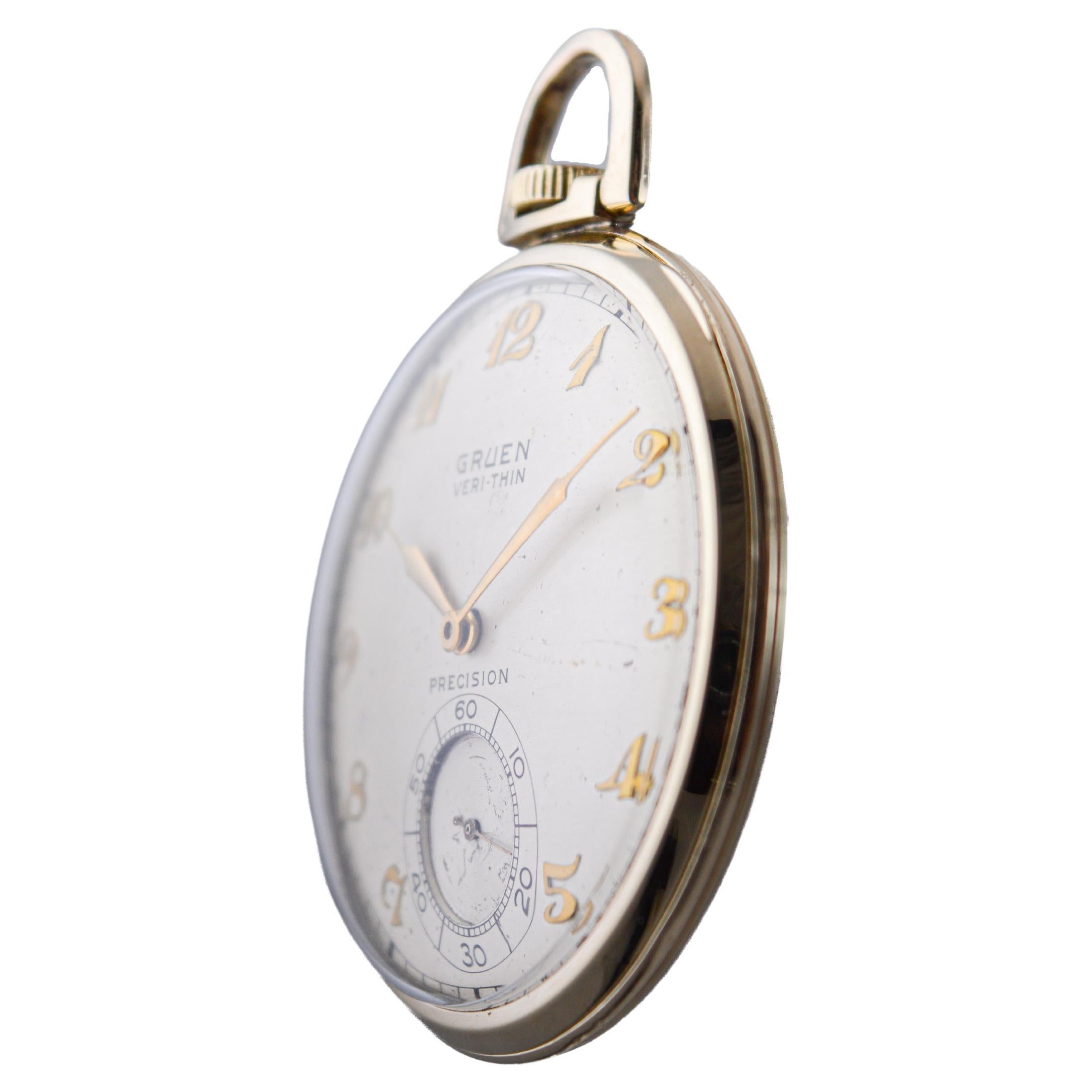 Gruen Yellow Gold Filled Art Deco Pocket Watch with Original Dial 1940's For Sale 1