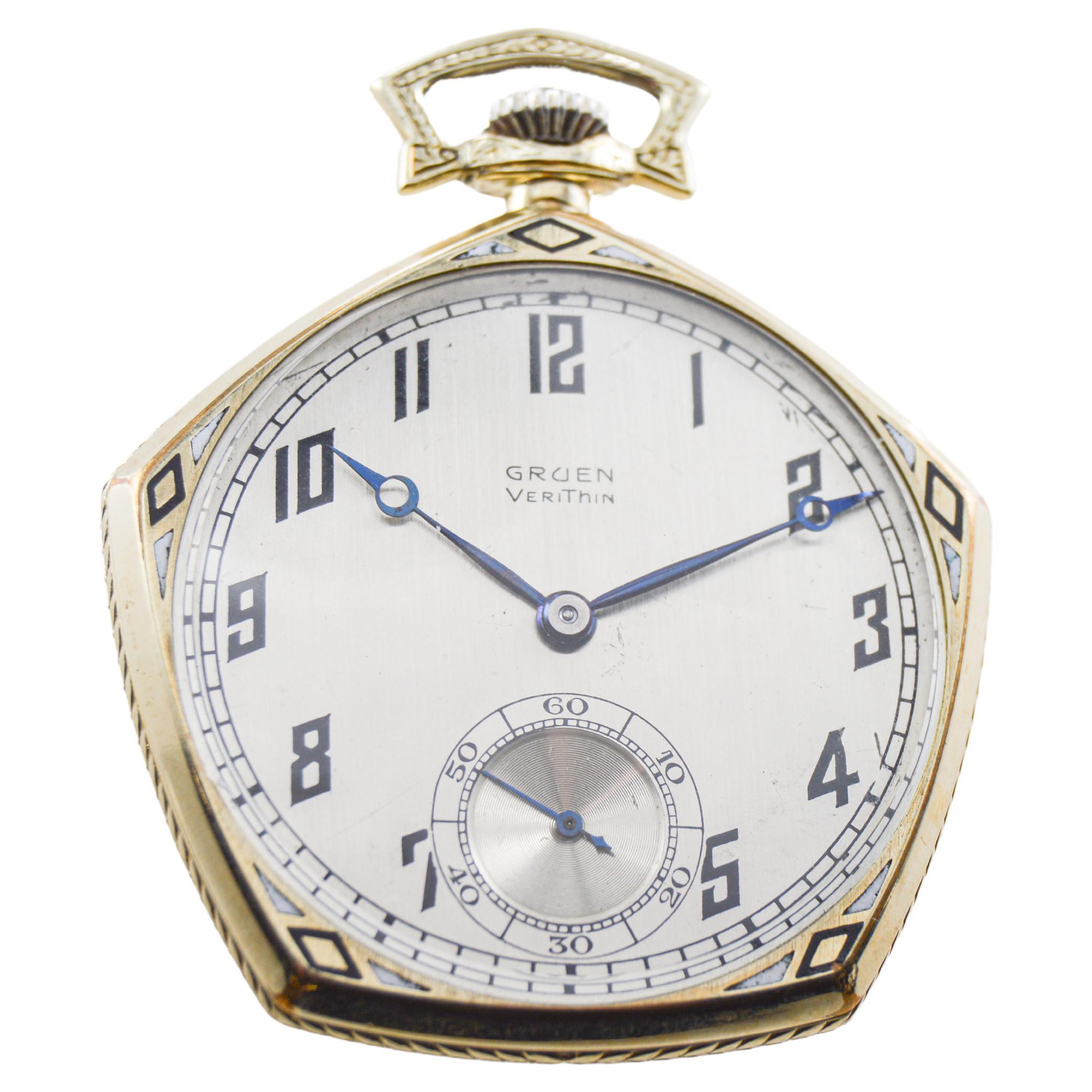 Gruen Yellow Gold Filled Art Deco Pocket Watch with Original Stern Dial, 1920's In Good Condition For Sale In Long Beach, CA