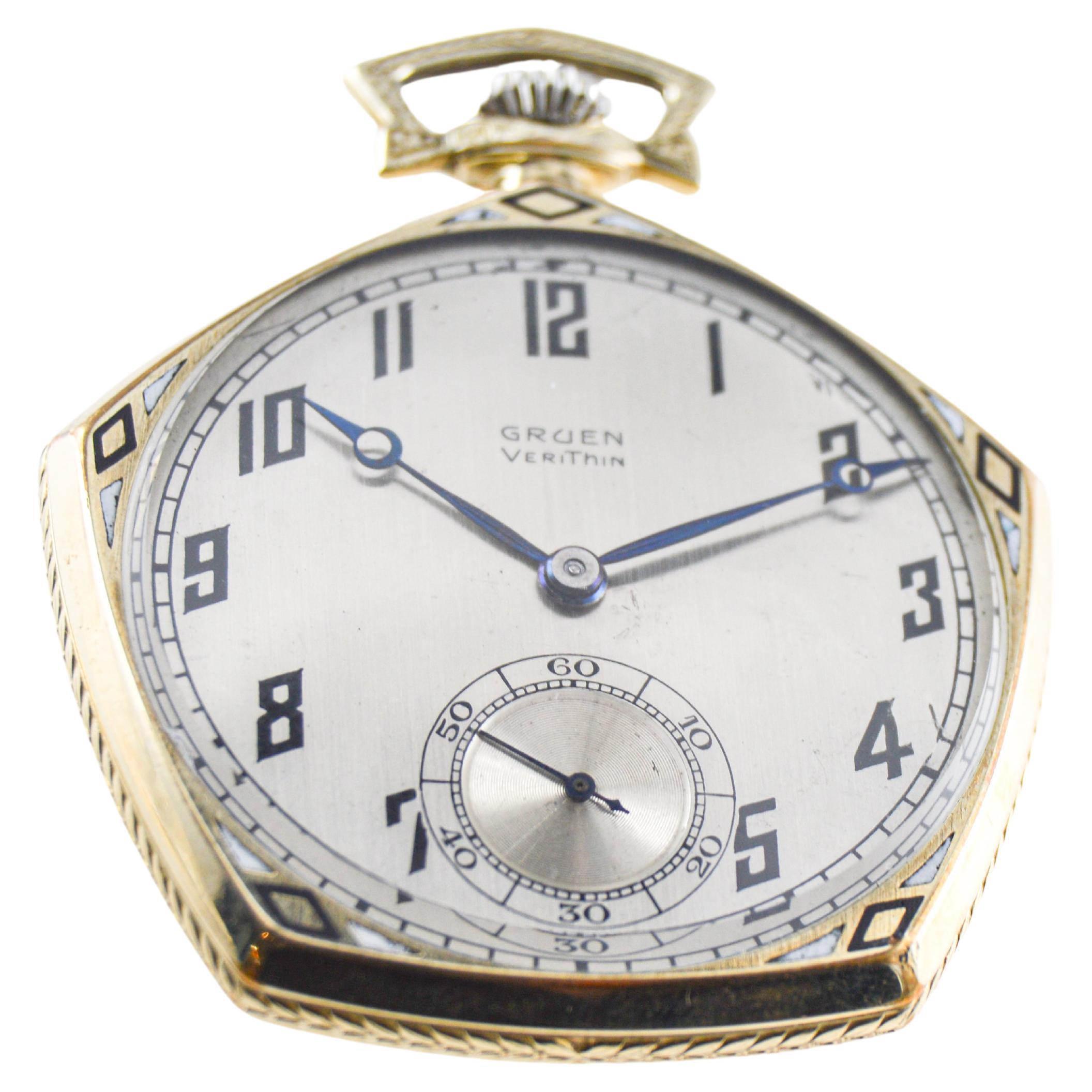Men's Gruen Yellow Gold Filled Art Deco Pocket Watch with Original Stern Dial, 1920's For Sale