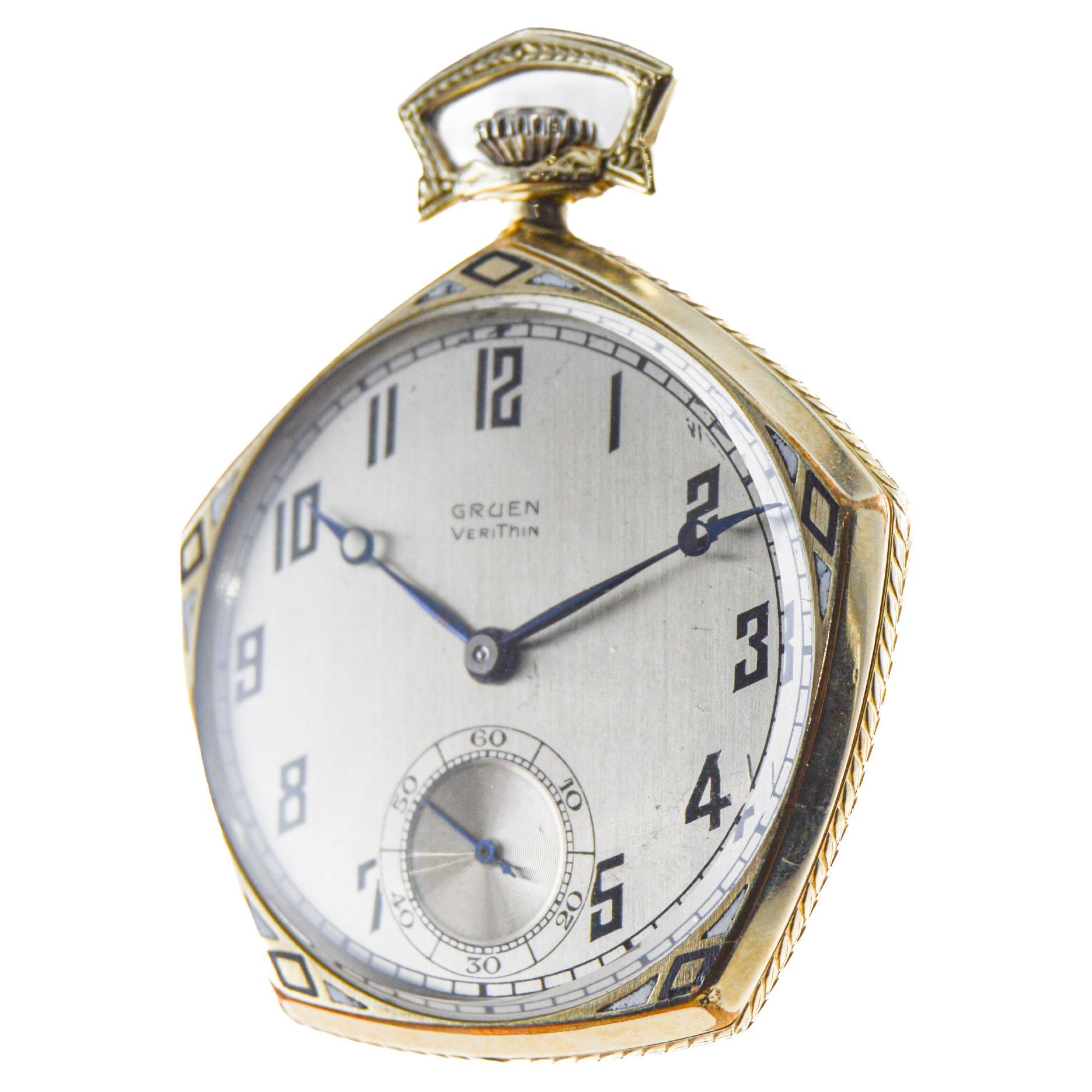 Gruen Yellow Gold Filled Art Deco Pocket Watch with Original Stern Dial, 1920's For Sale 1