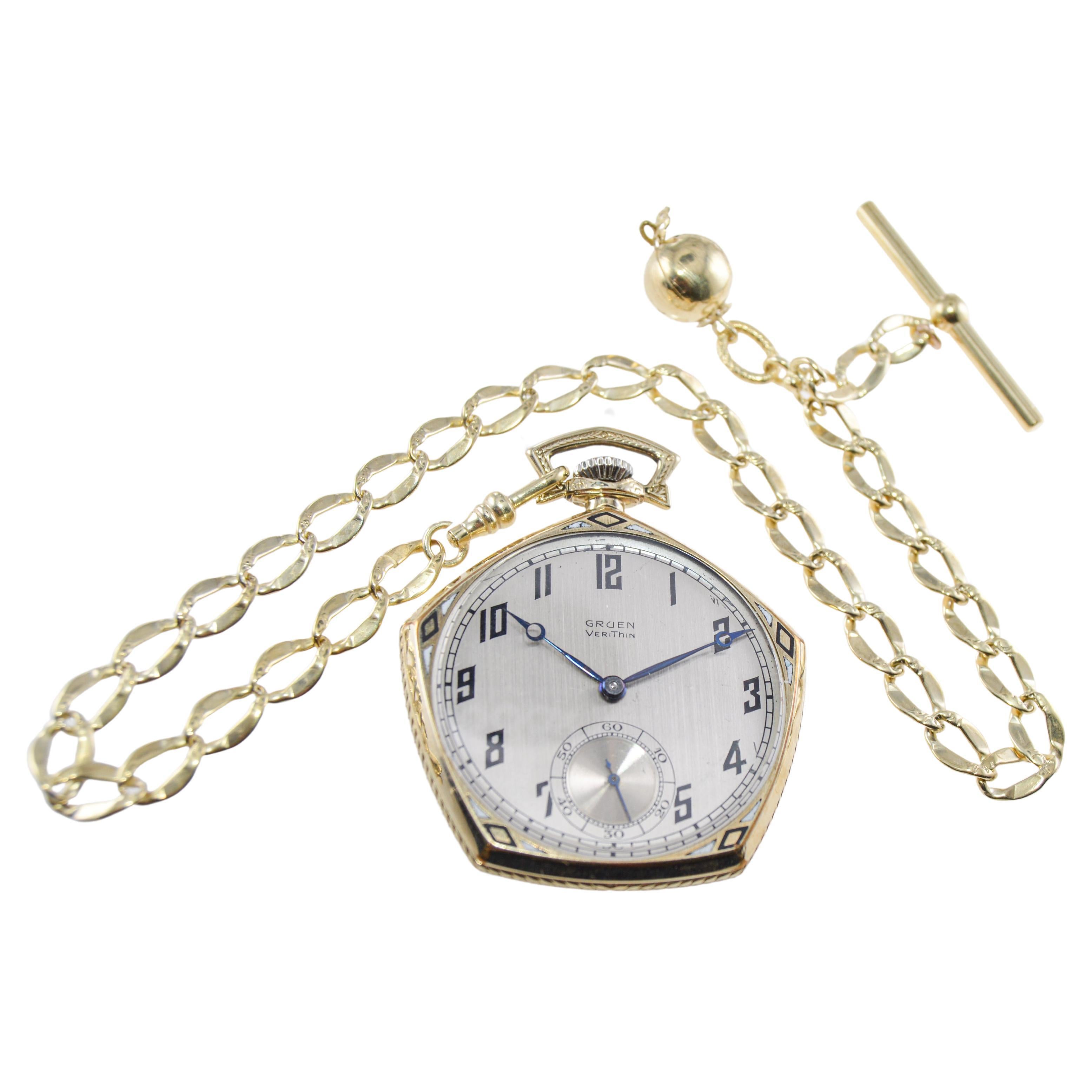 Gruen Yellow Gold Filled Art Deco Pocket Watch with Original Stern Dial, 1920's For Sale