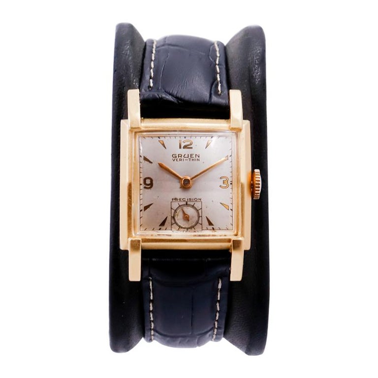 Women's or Men's Gruen Yellow Gold Filled Art Deco Tank Style Watch with Original Dial from 1940 For Sale