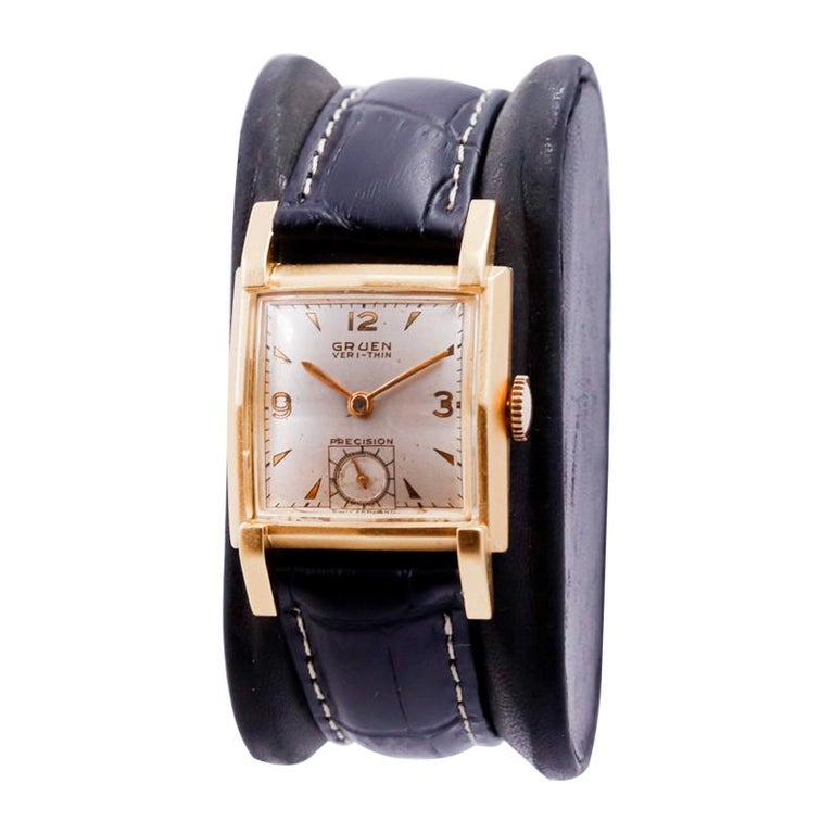 Gruen Yellow Gold Filled Art Deco Tank Style Watch with Original Dial from 1940 For Sale 1