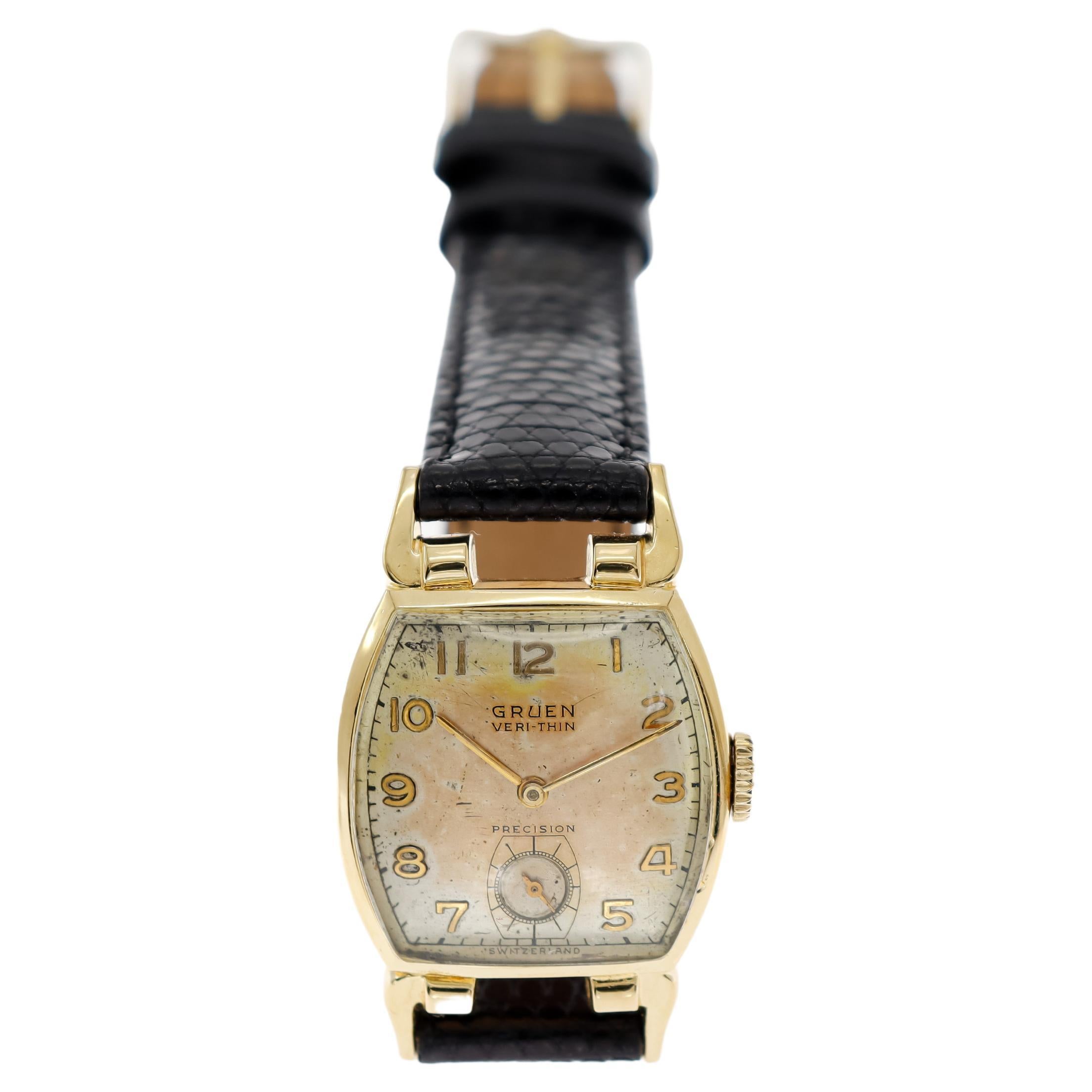 Gruen Yellow Gold Filled Art Deco Watch with Original Patinated Dial from 1947 In Excellent Condition In Long Beach, CA