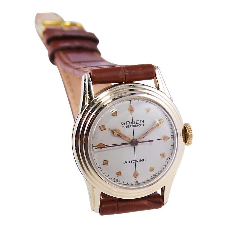 Gruen Yellow Gold Filled Art Deco Watch with Unique Quartered Dial circa 1950's In Excellent Condition For Sale In Long Beach, CA