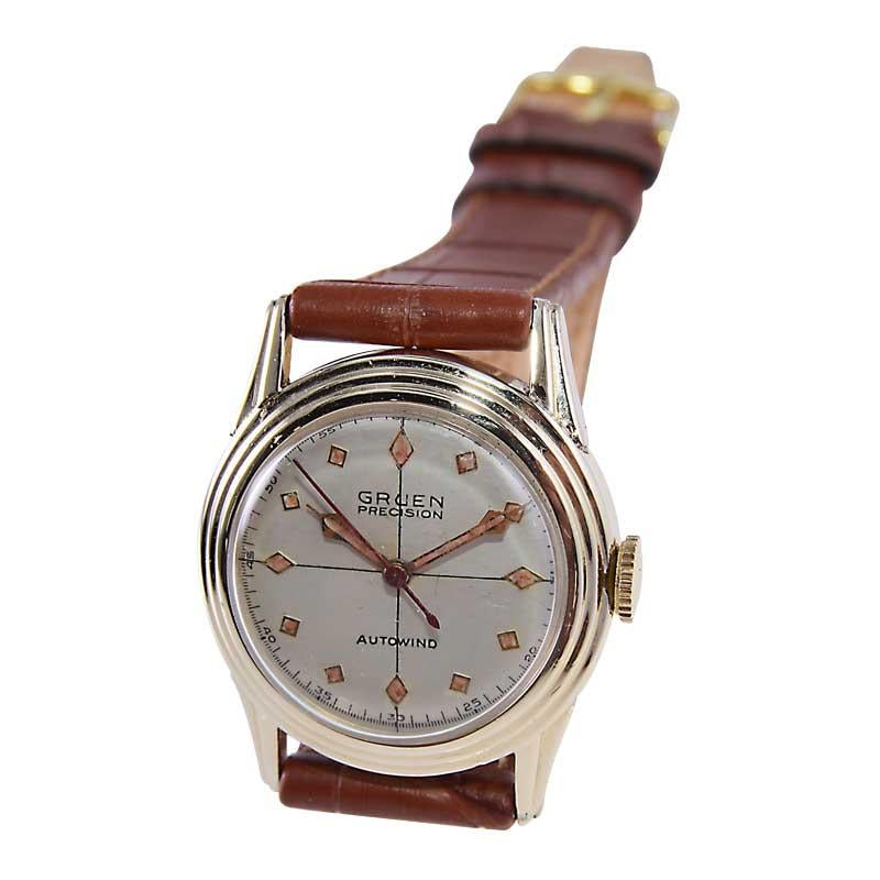 Women's or Men's Gruen Yellow Gold Filled Art Deco Watch with Unique Quartered Dial circa 1950's For Sale