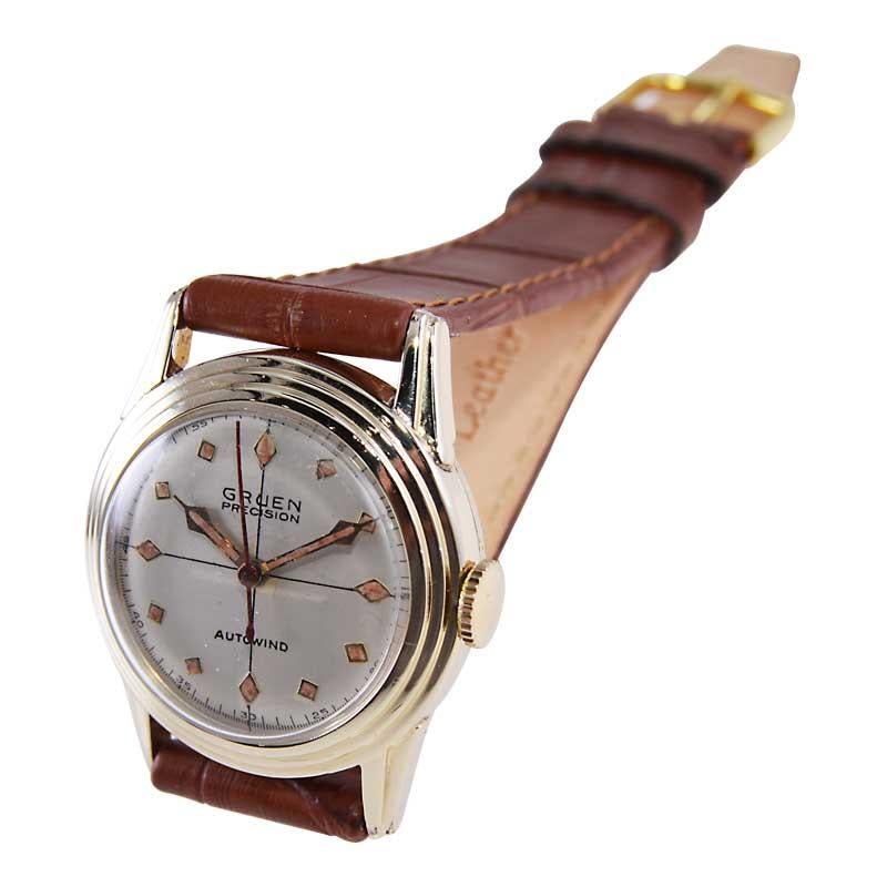 Gruen Yellow Gold Filled Art Deco Watch with Unique Quartered Dial circa 1950's For Sale 1