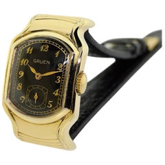 Gruen Yellow Gold Filled Art Deco Wrist Sider with Original Black Dial from 1938
