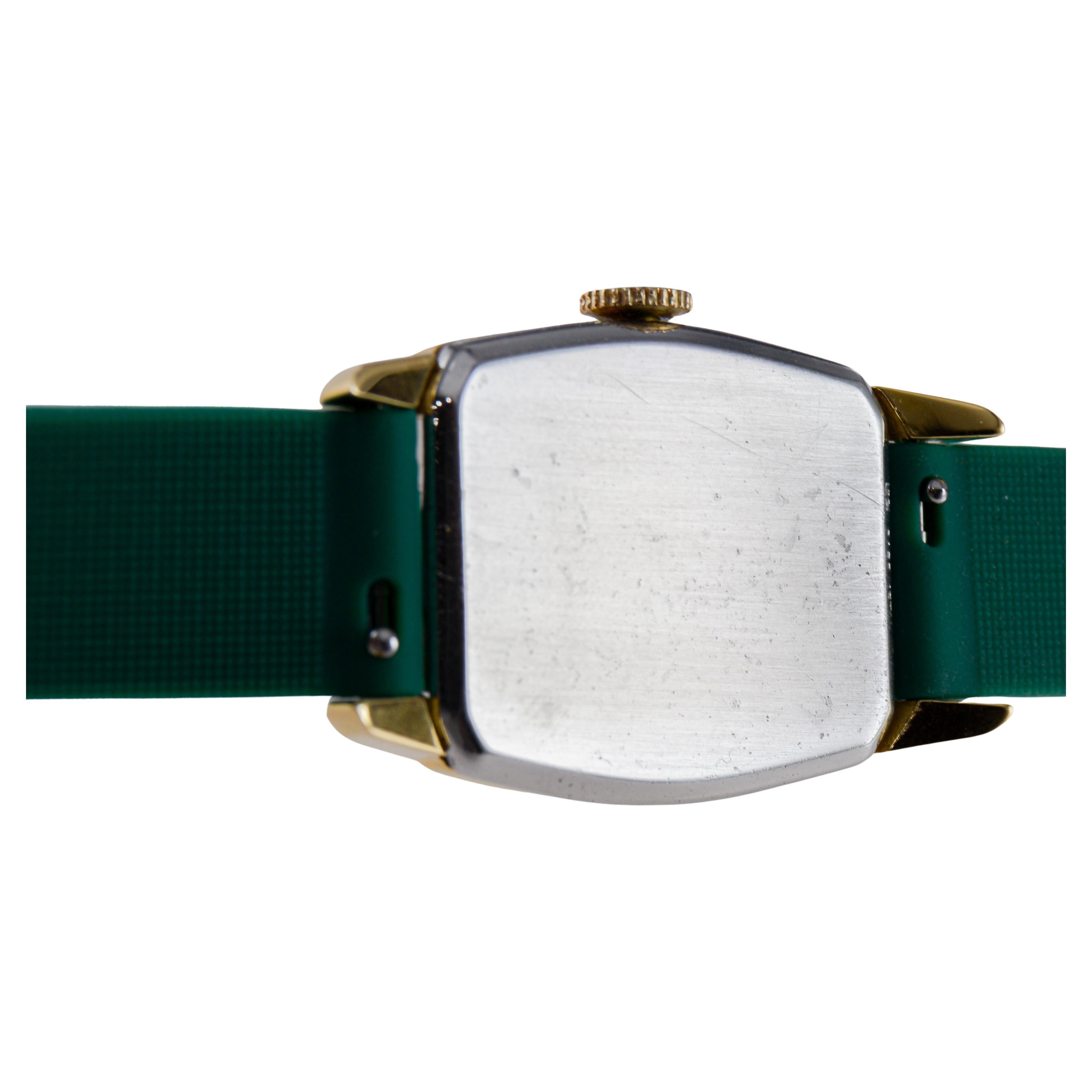 Gruend Yellow Gold Filled Art Deco Watch with Custom Made Green Dial circa For Sale 8