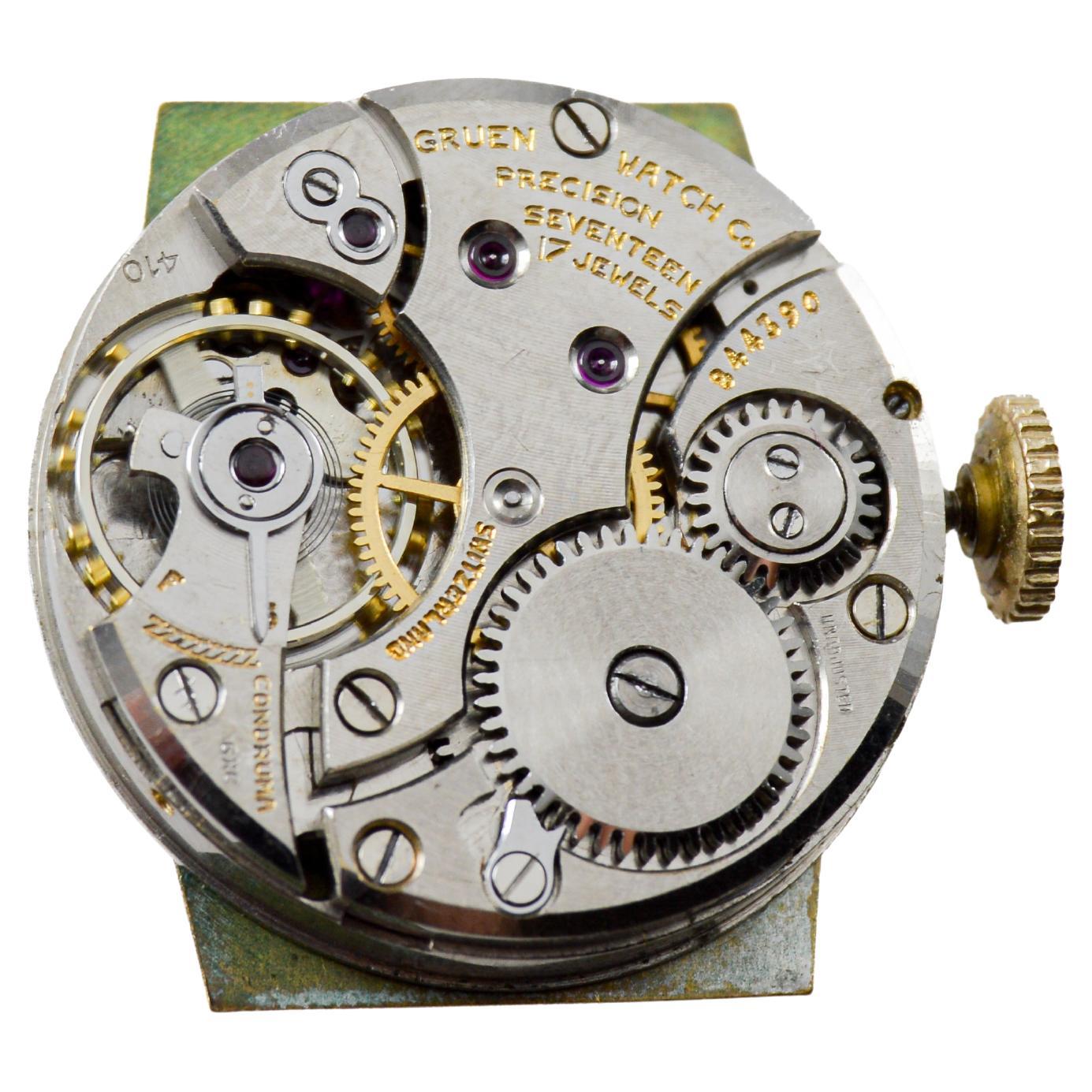 Gruend Yellow Gold Filled Art Deco Watch with Custom Made Green Dial circa For Sale 11
