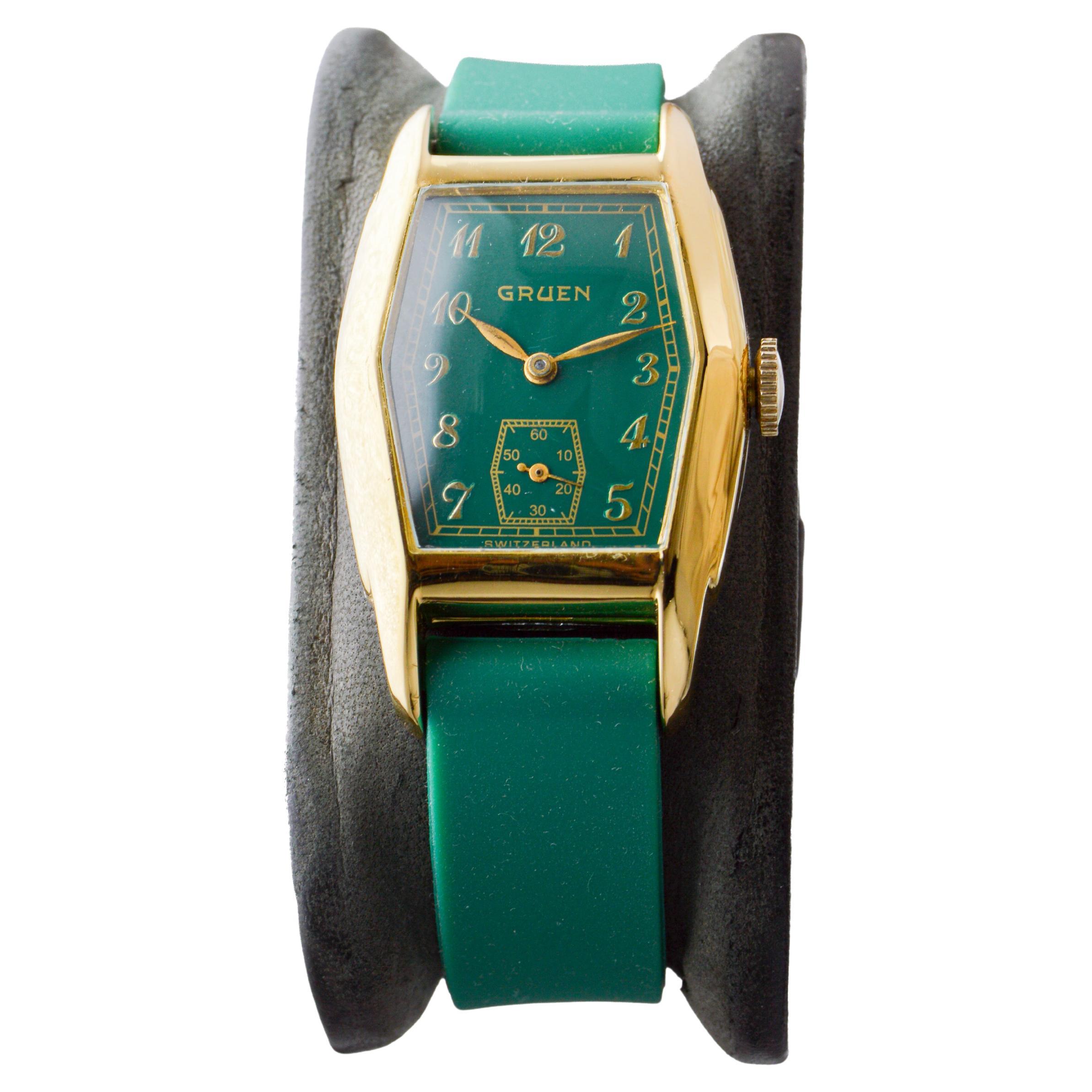 Gruend Yellow Gold Filled Art Deco Watch with Custom Made Green Dial circa For Sale 1