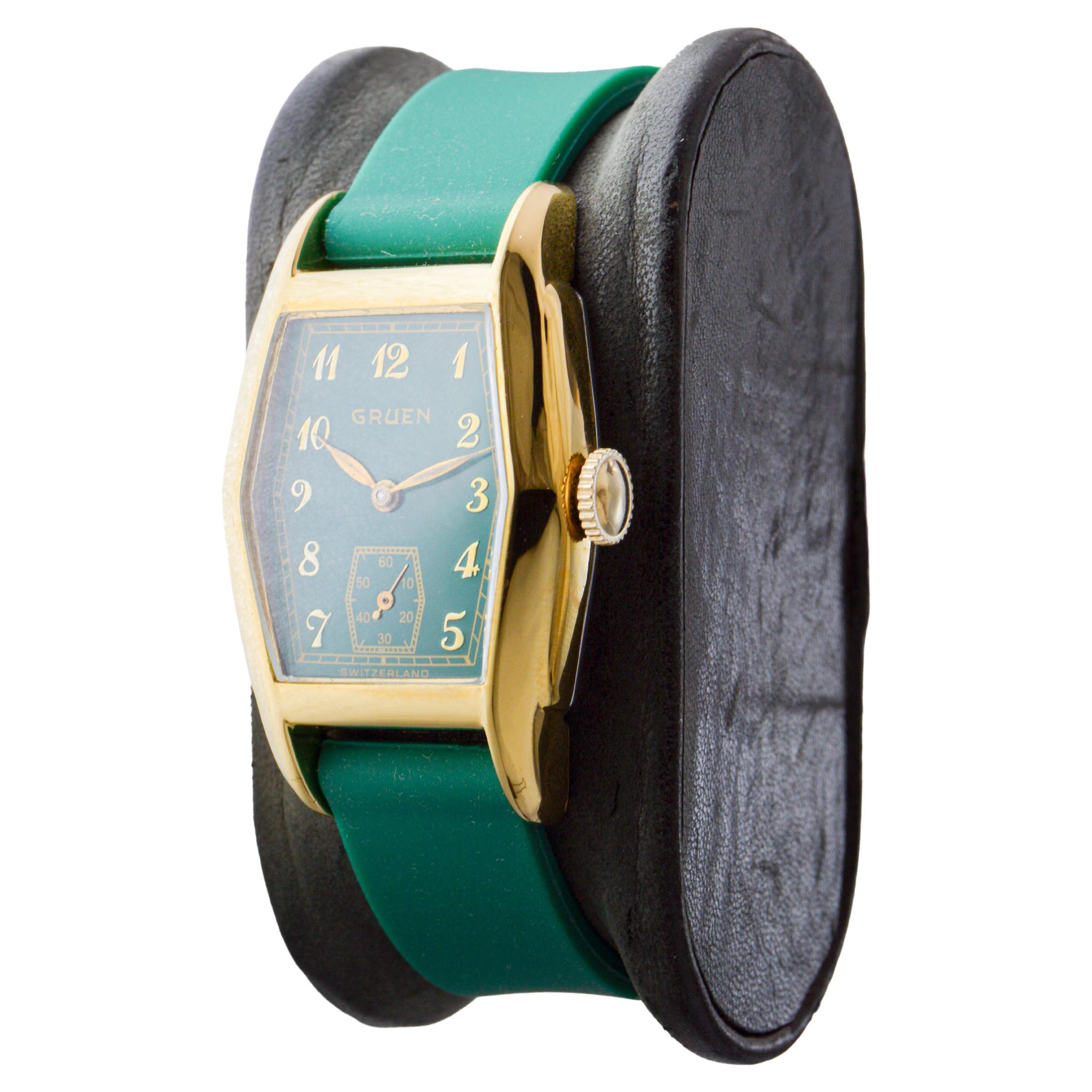 Gruend Yellow Gold Filled Art Deco Watch with Custom Made Green Dial circa For Sale 3