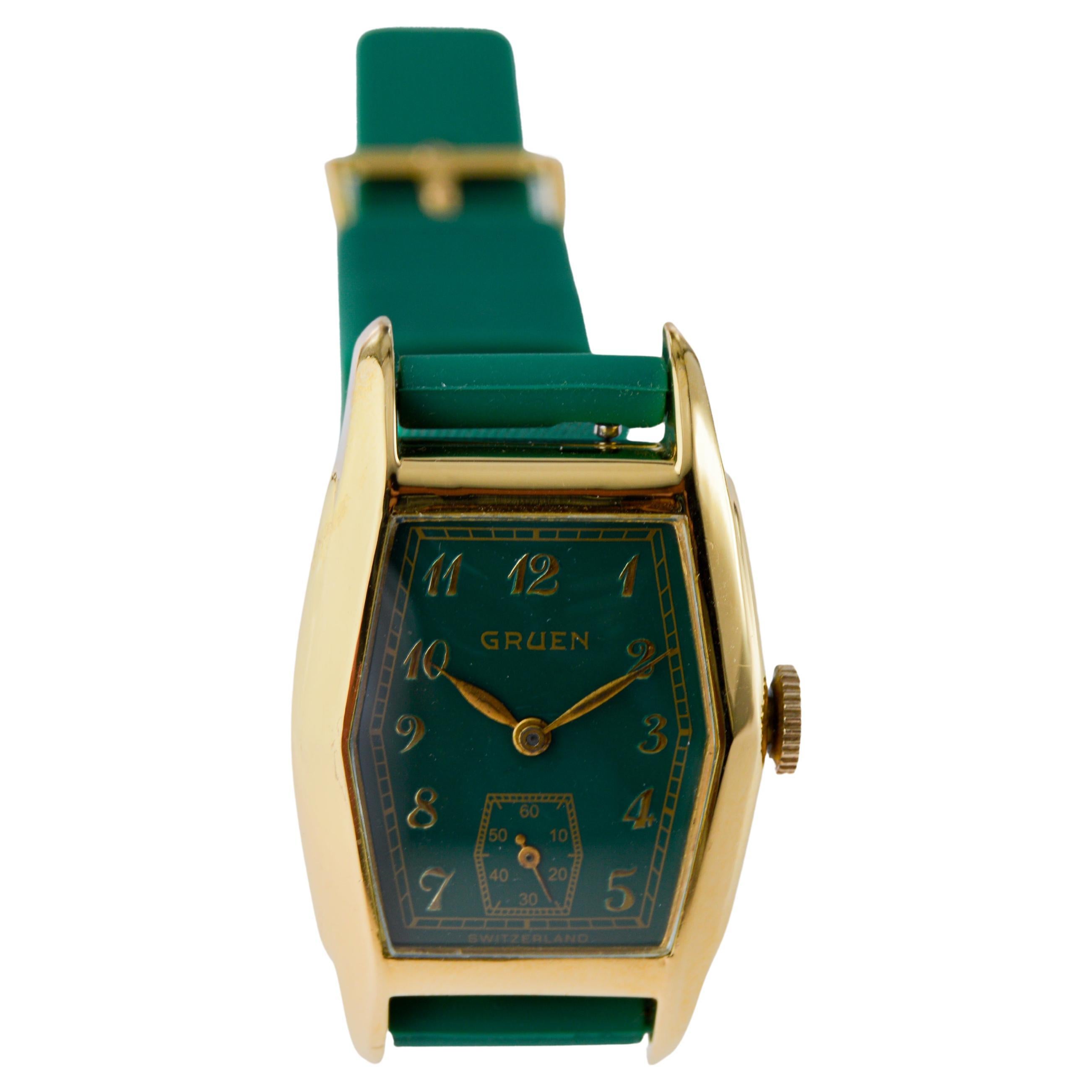 Gruend Yellow Gold Filled Art Deco Watch with Custom Made Green Dial circa For Sale 5
