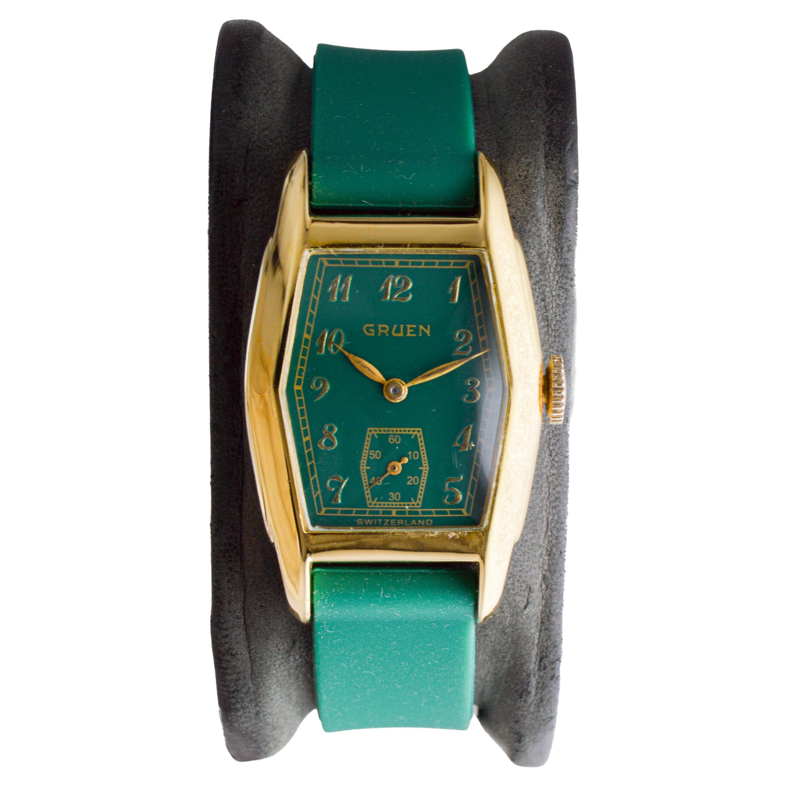 Gruend Yellow Gold Filled Art Deco Watch with Custom Made Green Dial circa For Sale