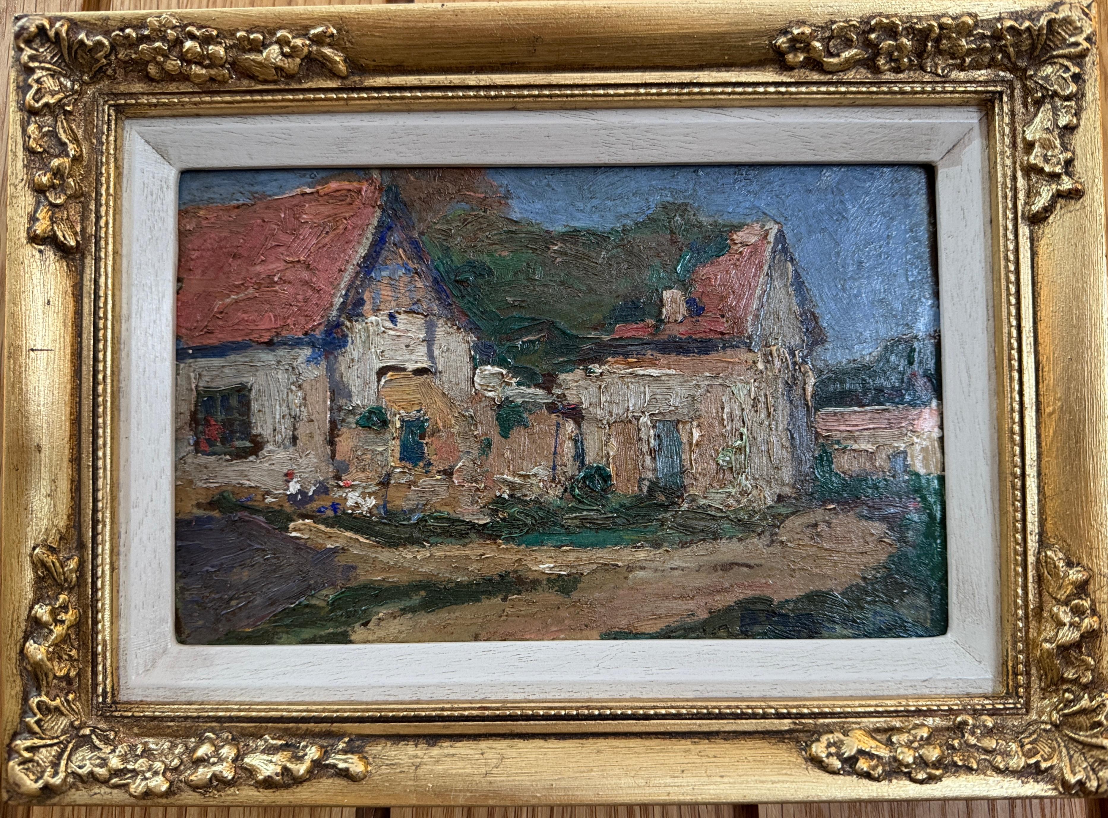 Landscape Painting de G.Ruiraud - Casas de campo impresionistas francesas de principios del siglo XX en un pueblo