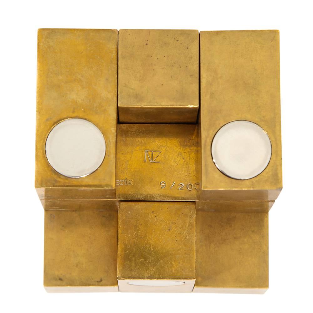 Grupo Mijar Sculpture Brass Steel Magic Puzzle Cube Signed Spain 1970's. Ingenious limited edition sculpture in brass and steel. Numbered 9/200 and signed Grupo Mijar. Grupo Mijar was a collaboration between Guillermo Ventura y Antonio Lauzán. Good