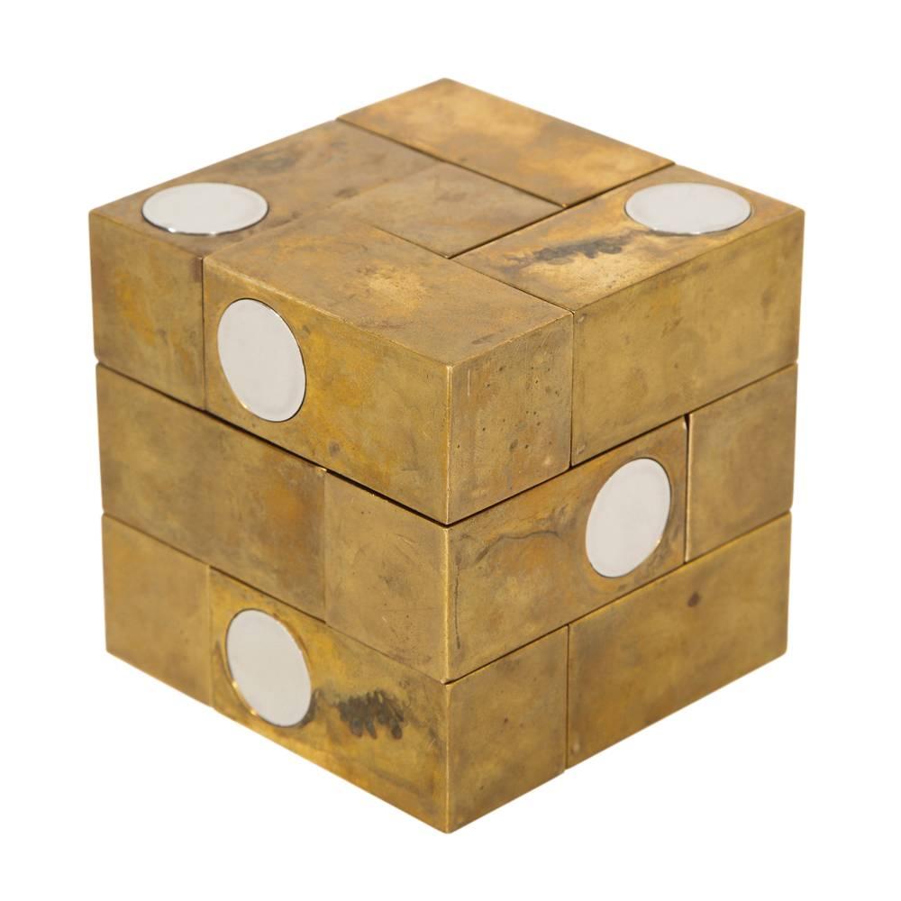 Mid-Century Modern Grupo Mijar Sculpture Brass Steel Magic Puzzle Cube Signed Spain 1970's