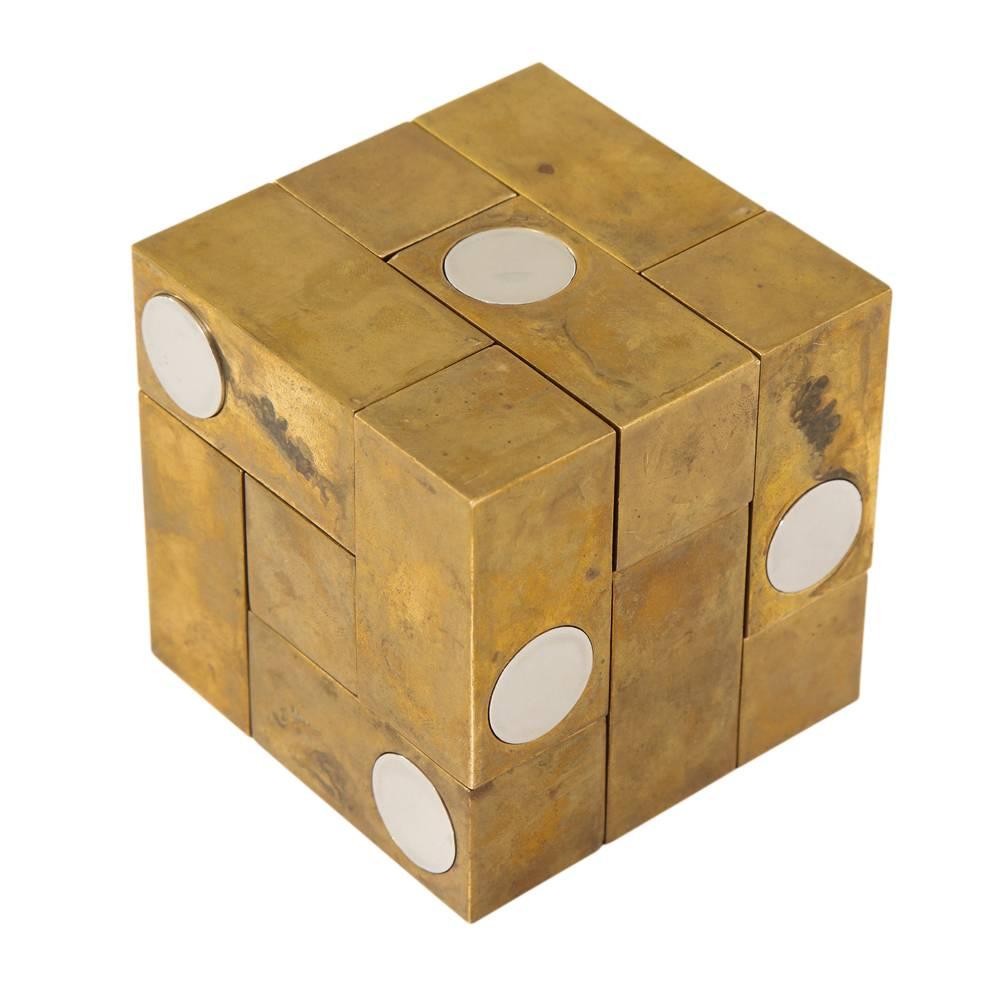 Grupo Mijar Sculpture Brass Steel Magic Puzzle Cube Signed Spain 1970's In Good Condition In New York, NY