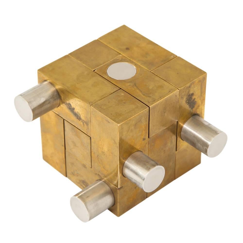 Late 20th Century Grupo Mijar Sculpture Brass Steel Magic Puzzle Cube Signed Spain 1970's