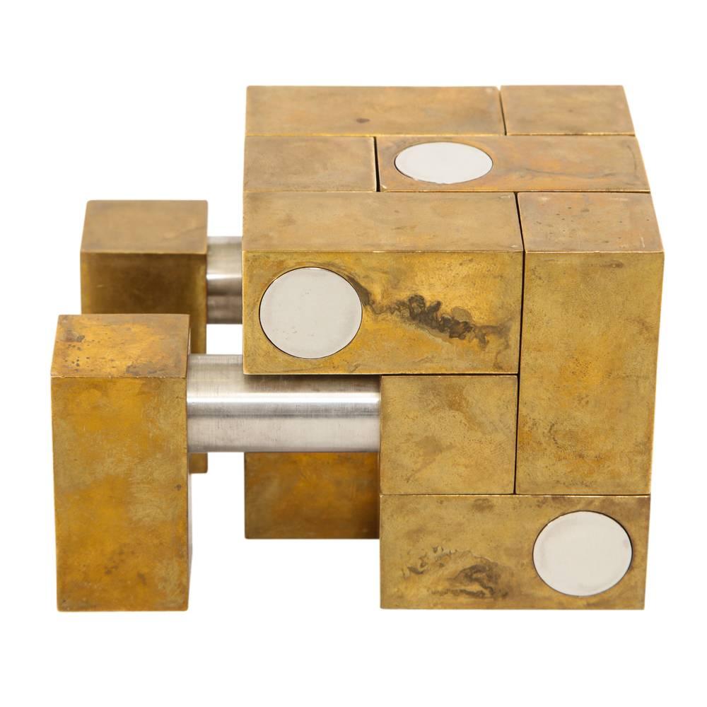 Grupo Mijar Sculpture Brass Steel Magic Puzzle Cube Signed Spain 1970's 1