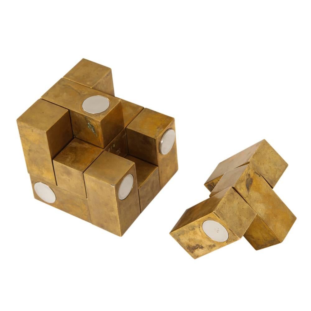 Grupo Mijar Sculpture Brass Steel Magic Puzzle Cube Signed Spain 1970's 2