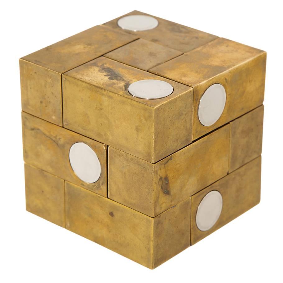 Grupo Mijar Sculpture Brass Steel Magic Puzzle Cube Signed Spain 1970's
