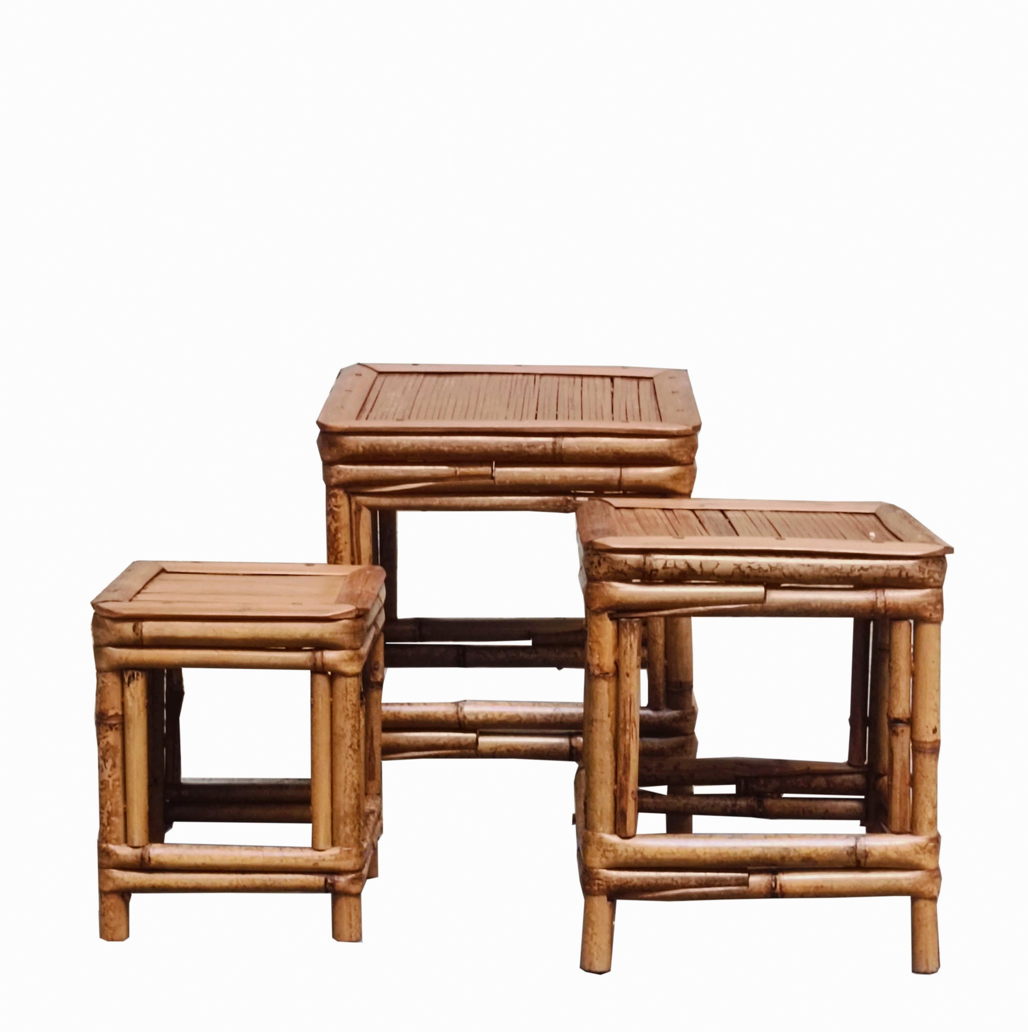 Set of 3 coffee tables for living room or outdoor use, each individual cubic coffee table is made of thick bamboo canes with woven rattan top, made in Italy in the 1970s
